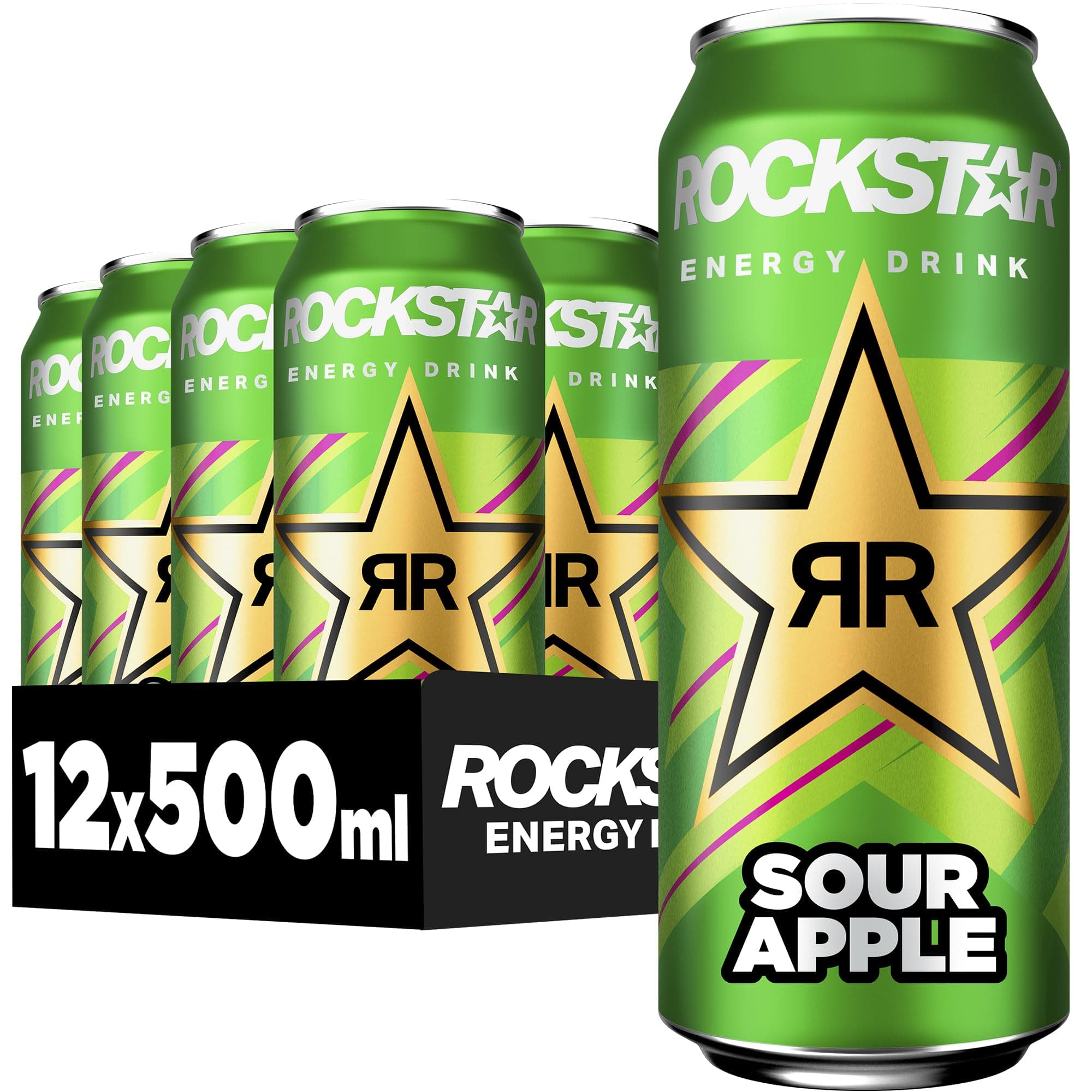 Rockstar Energy Drink Sour Apple Geschmack - Saures, koffeinhaltiges Erfrischungsgetränk für den Energie Kick, EINWEG (12 x 500ml) (Verpackungsdesign kann abweichen)