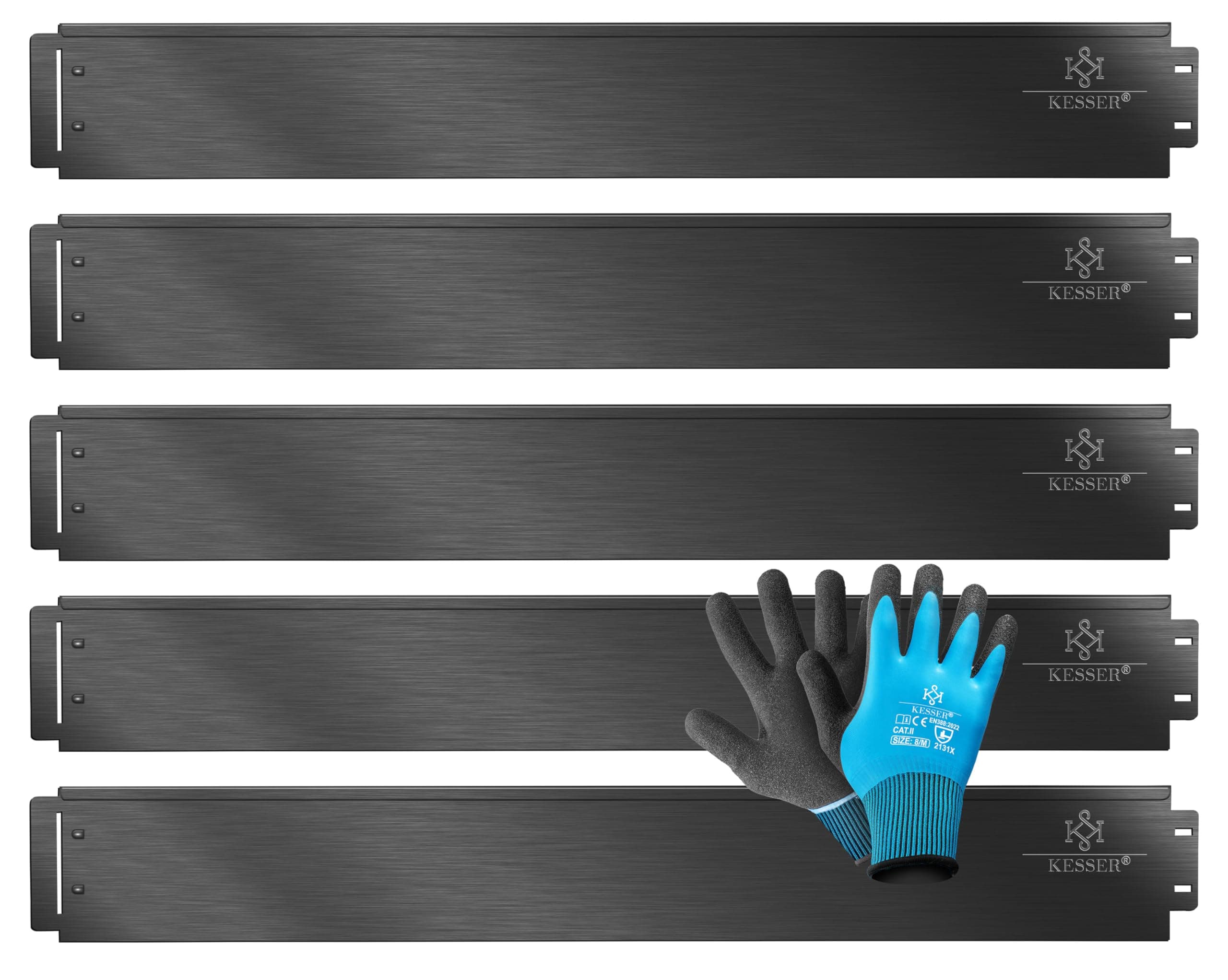 KESSER® Rasenkante Beeteinfassung Beetumrandung + Handschuhe 10m 100x14cm Beetbegrenzung Rasenbleche Mähkante Metall Palisade Schwarz
