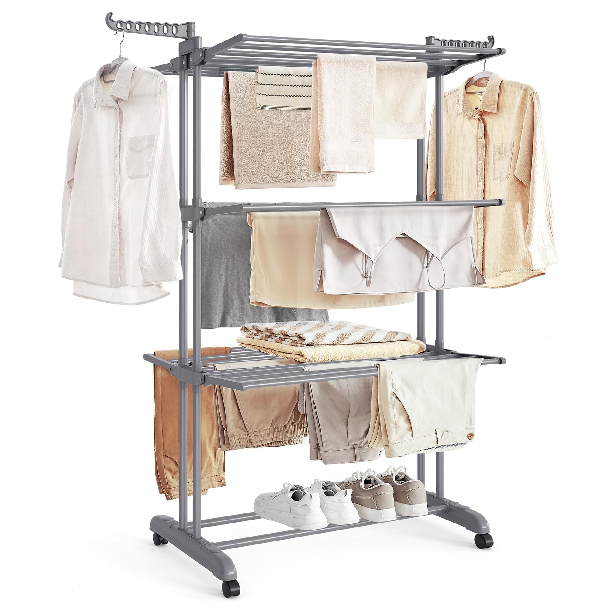 SONGMICS Étendoir à Linge, Séchoir Mobile à 4 Niveaux, avec roulettes, Pliable, 63,5 x 128 x 173 cm, Grande Capacité, Montage Facile, Utilisation Intérieure et Extérieure, Gris LLR701G01