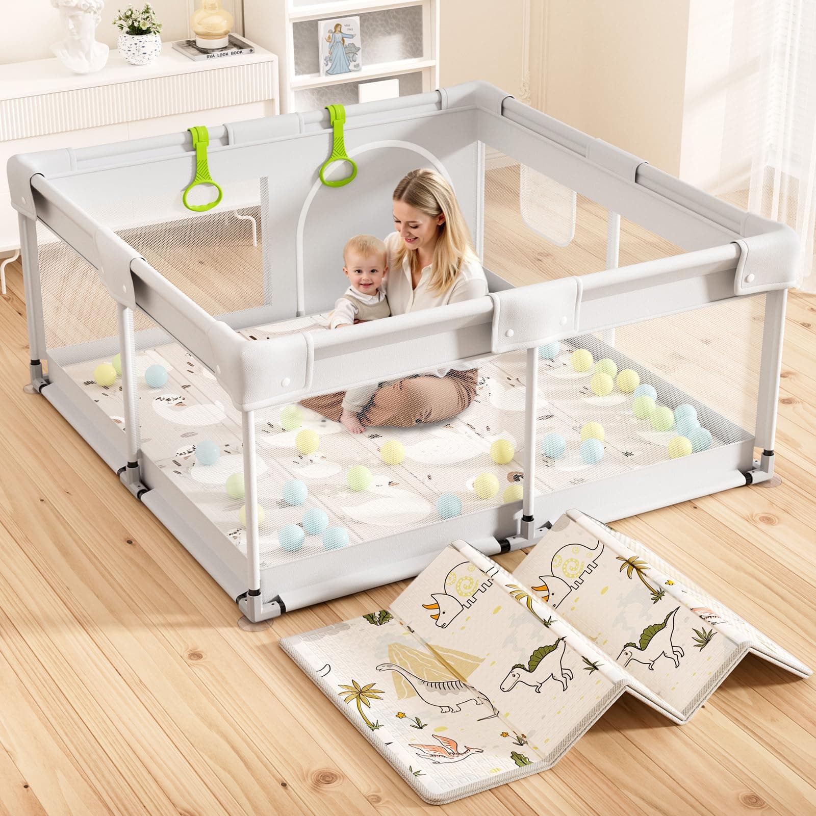Lertantri Parc bébé avec matelas, 120 x 120 cm, petit parc pour bébé, avec tapis, parc pour appartement, avec filet respirant sur les quatre côtés et ventouses