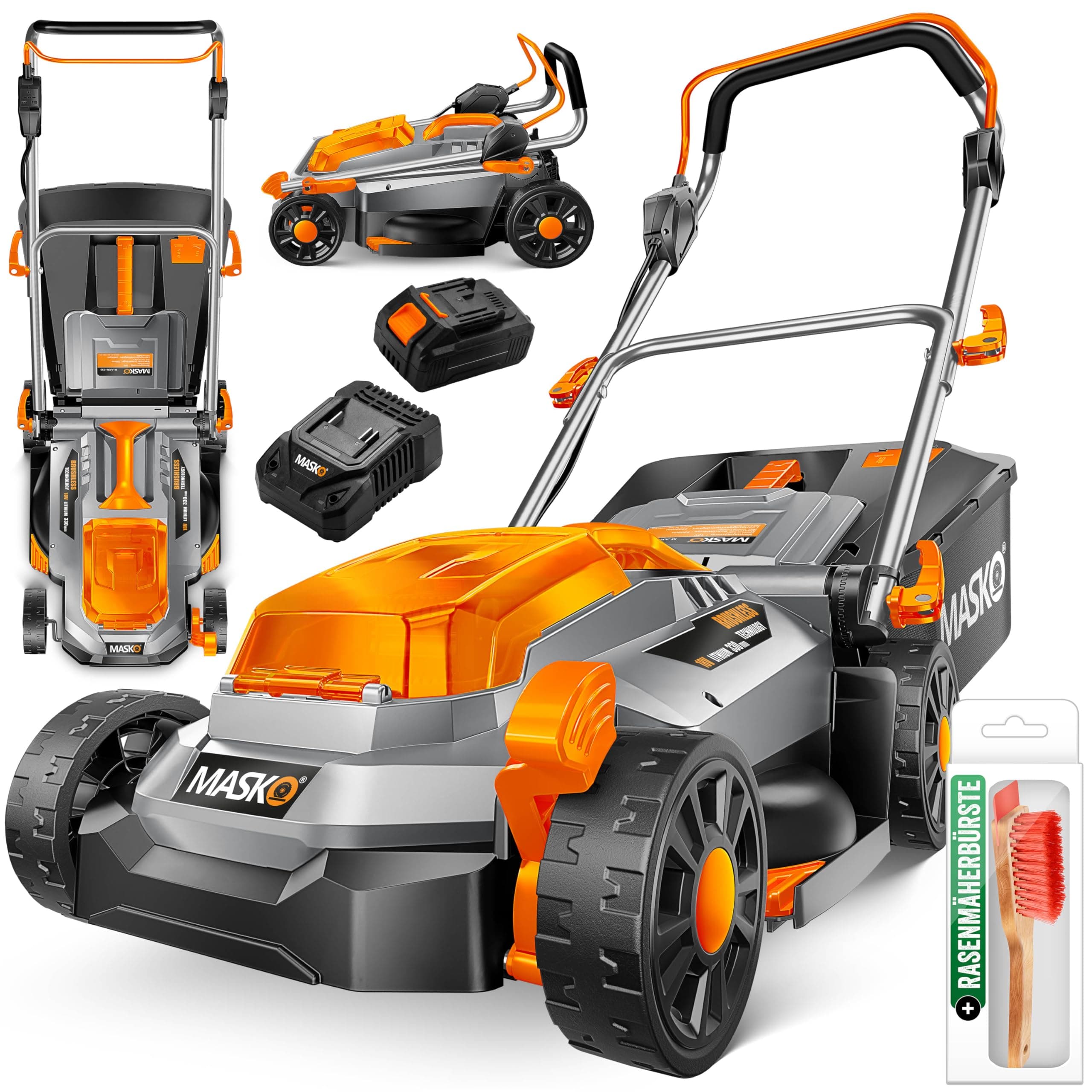 MASKO® Tondeuse à Gazon sans Fil avec Batterie Li-ION 4Ah et Chargeur Tondeuse à Gazon Largeur de Coupe 33cm 5X 25-75mm Réglage de la Hauteur de Coupe Bac de ramassage 30L jusqu'à 150m² de Surface