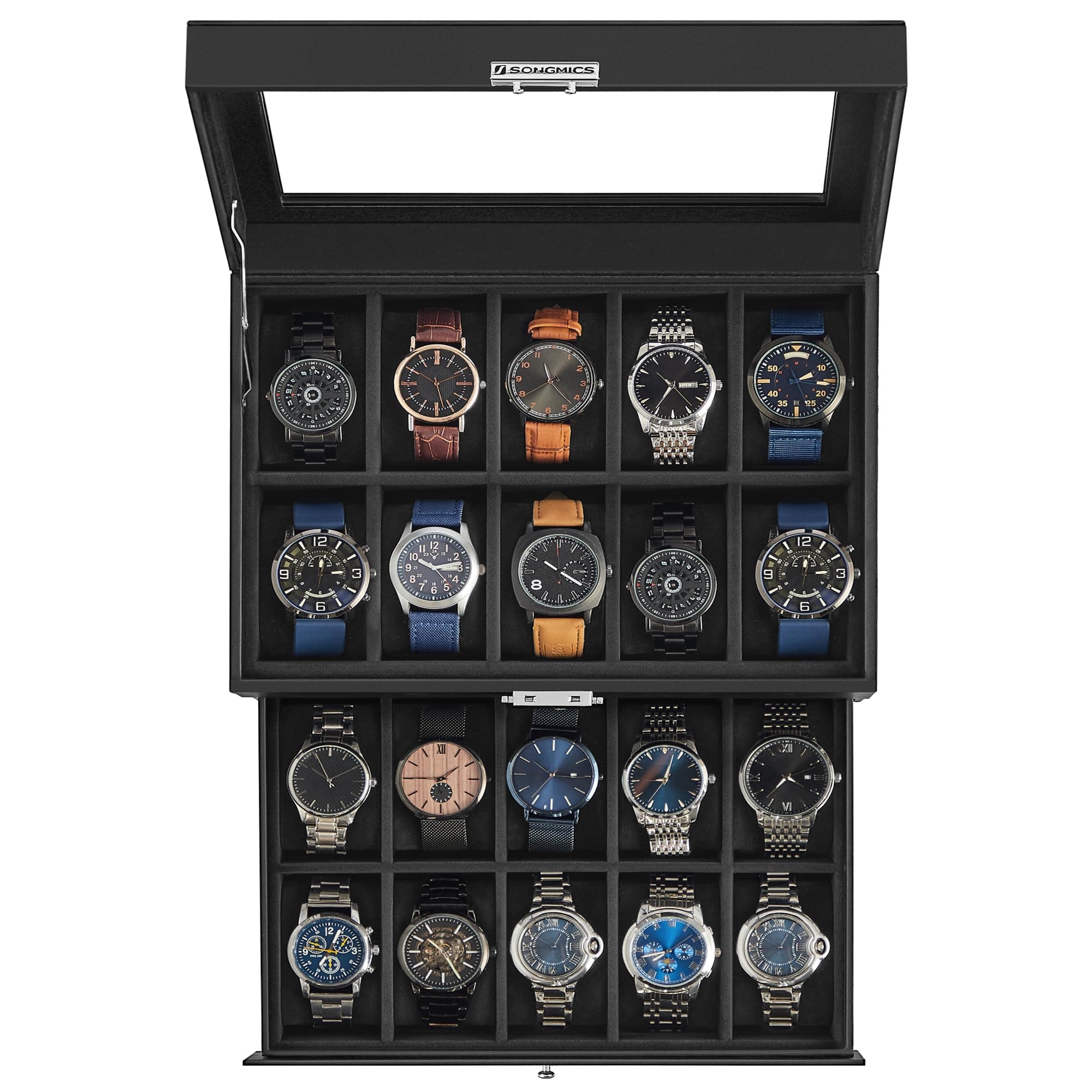 SONGMICS Uhrenbox, Uhrenkasten mit Glasdeckel, 2 Ebenen, Uhrenkoffer mit herausnehmbaren Uhrenkissen, Uhrenschatulle, Geschenkidee, PU-Bezug in Schwarz, Samtfutter in Schwarz JWB020B01