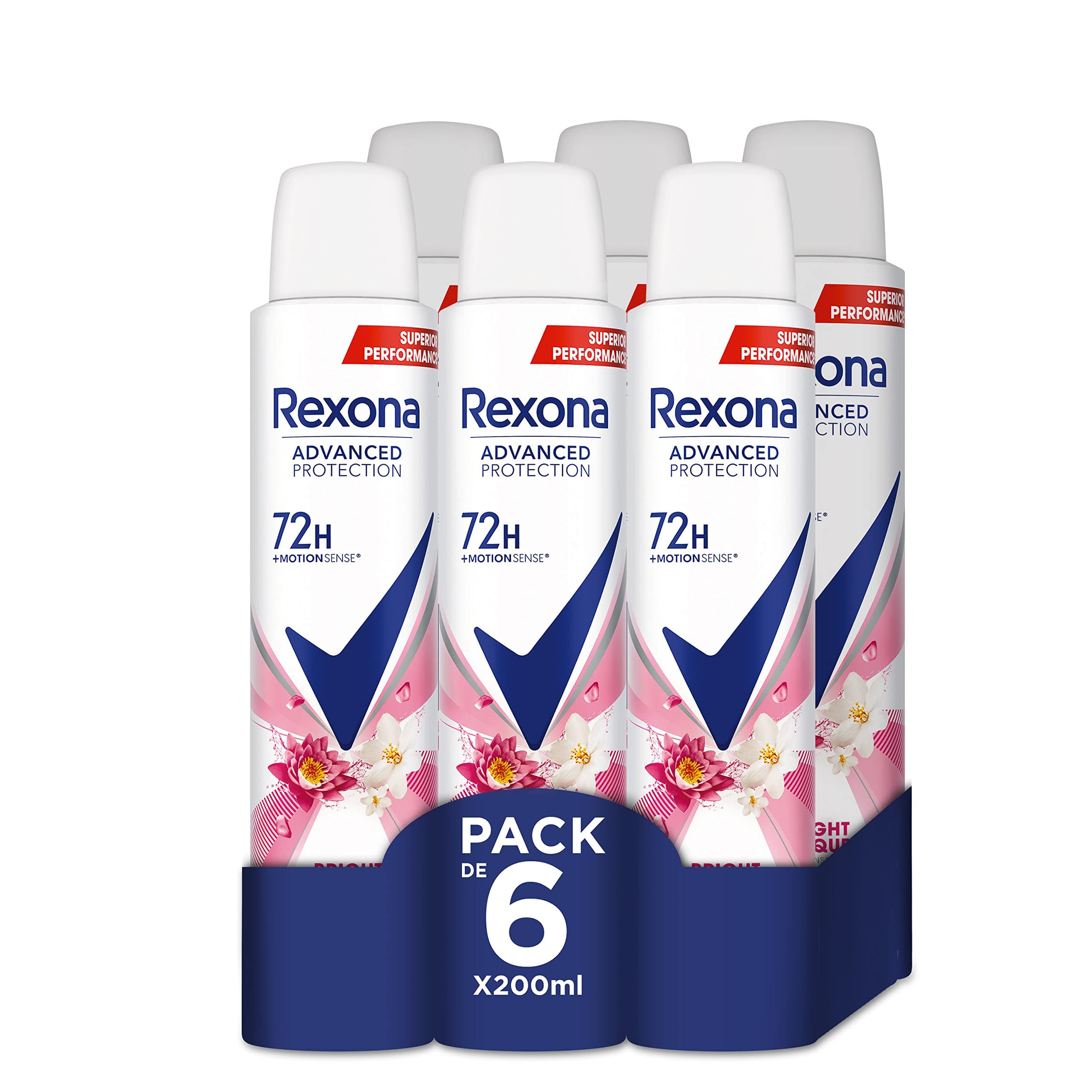Rexona Desodorante Aerosol Advance Protection Bright Bouquet 72 h para mujer 200 ml - Pack de 6,Packaging may vary