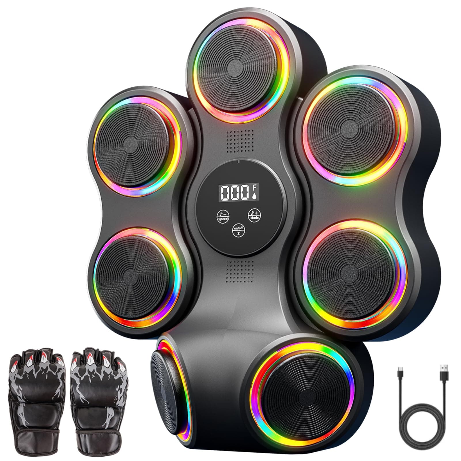 Machine de boxe musicale avec gants de boxe, entraîneur de boxe Bluetooth intelligent, machine de montage mural pour adultes et enfants, cible de boxe électronique pour la maison, le bureau, la salle