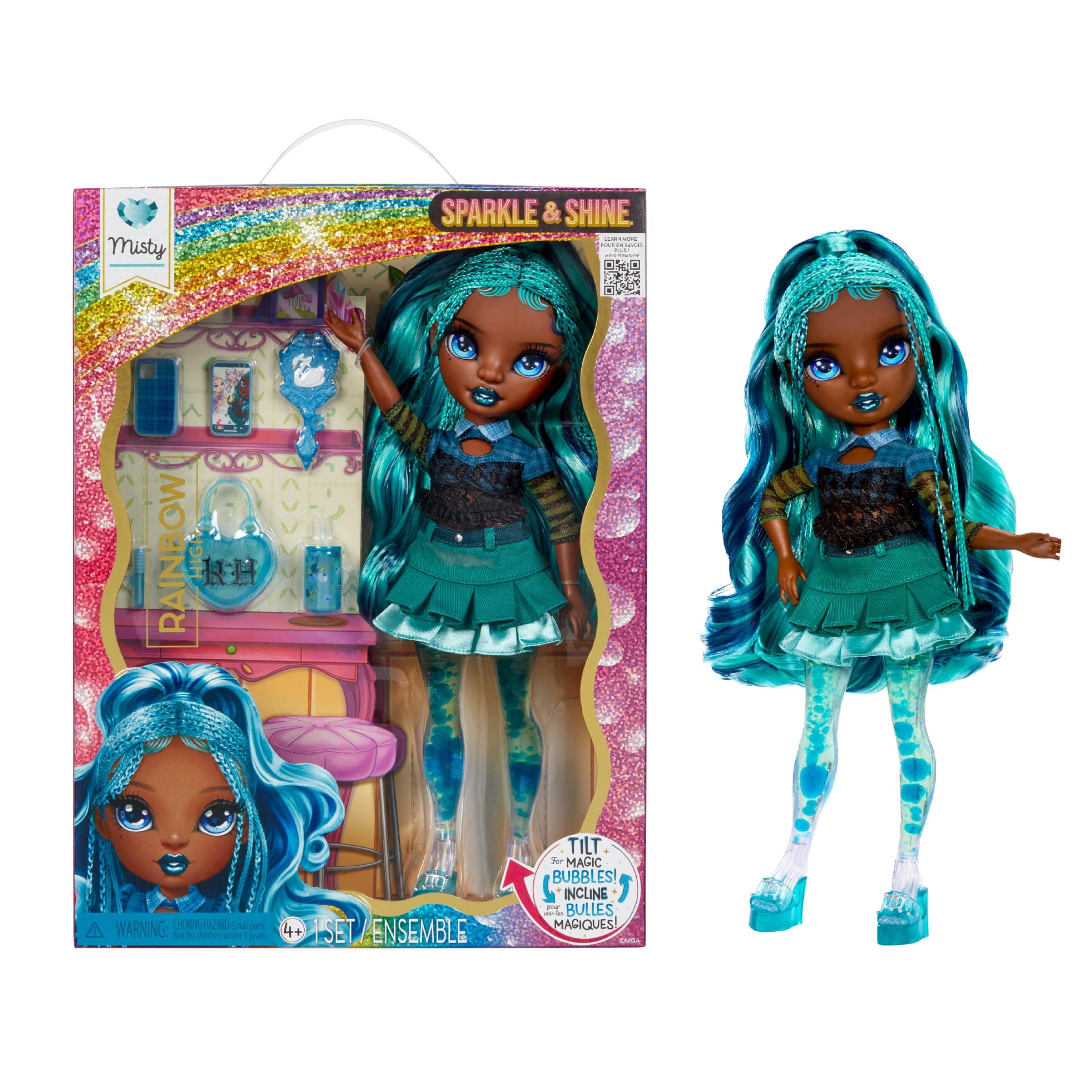 Rainbow High Sparkle & Shine Doll - Misty - 28 cm Modepuppe mit Türkisblauem Haar und Magischen Zauberblasen in den Beinen, Farbe, zum Stylen und Spielen, Sammlerstück, Für Kinder von 4 bis 12 Jahren