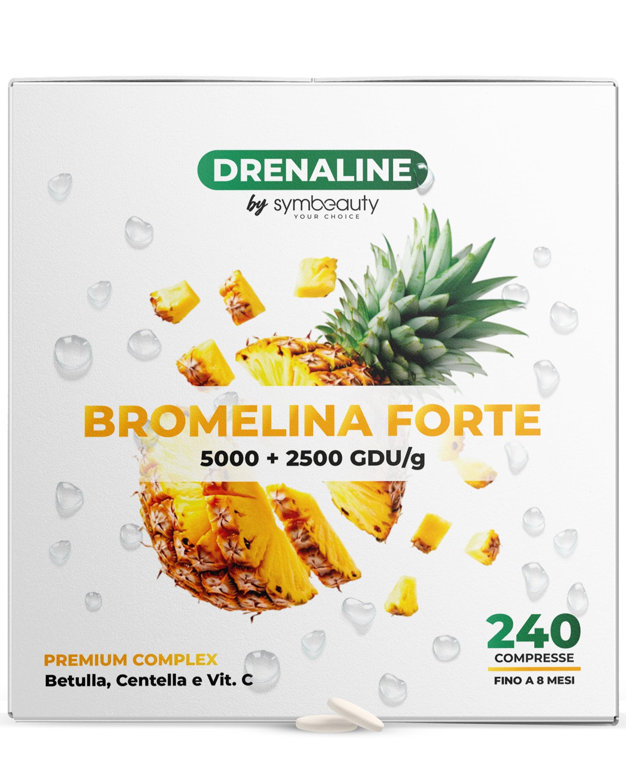 Symbeauty Bromelina Forte 240 Cpr (8 mesi) Drenaline 2500+5000 GDU | Betulla, Centella, Vitamina C | Vegano - Made in Italy