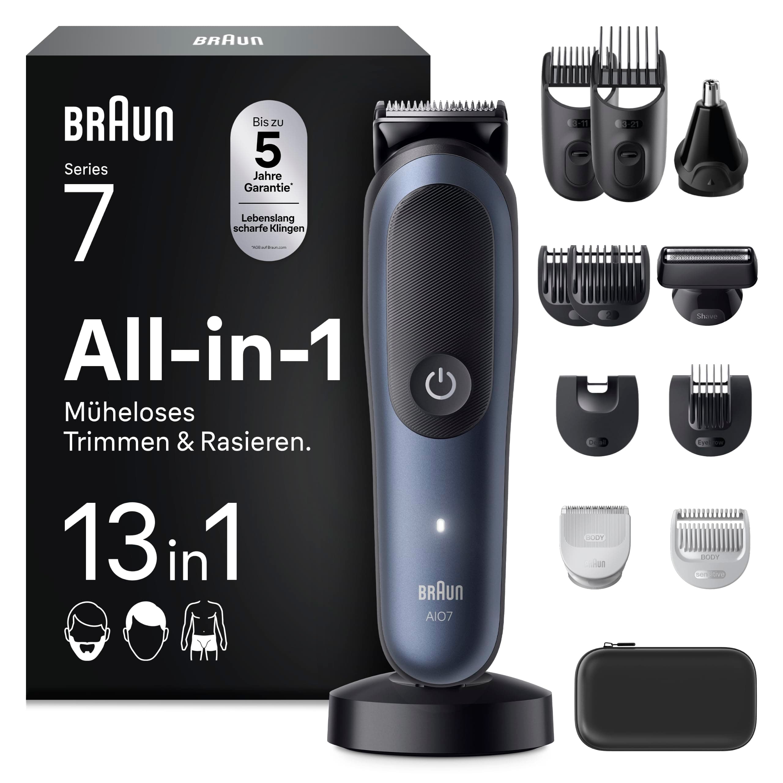 Braun Multigroom All-in-One Series 7, 13-in-1 Trimmer-Set 7, AIO7565, Blau - Barttrimmer, Nasenhaartrimmer, Haarschneidemaschine für Gesicht, Kopf und Körper, 14 Längen, 120 Min. Akku, Wasserdicht