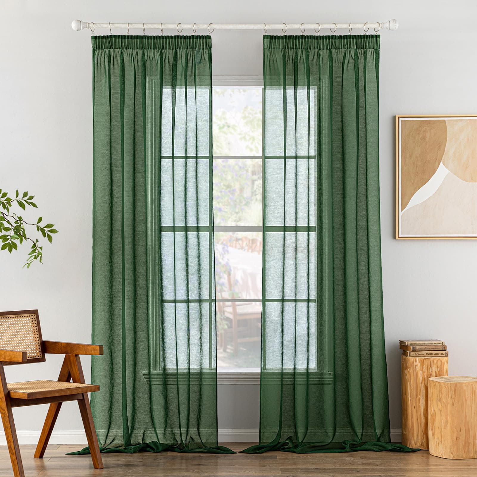 MIULEE Gardinen Vorhänge mit Kräuselband 2er Set Gardine Vorhang Gardinen Wohnzimmer aus Sheer Voile Curtains Transparent Schlafzimmer Dunkelgrün 140 x 225 cm