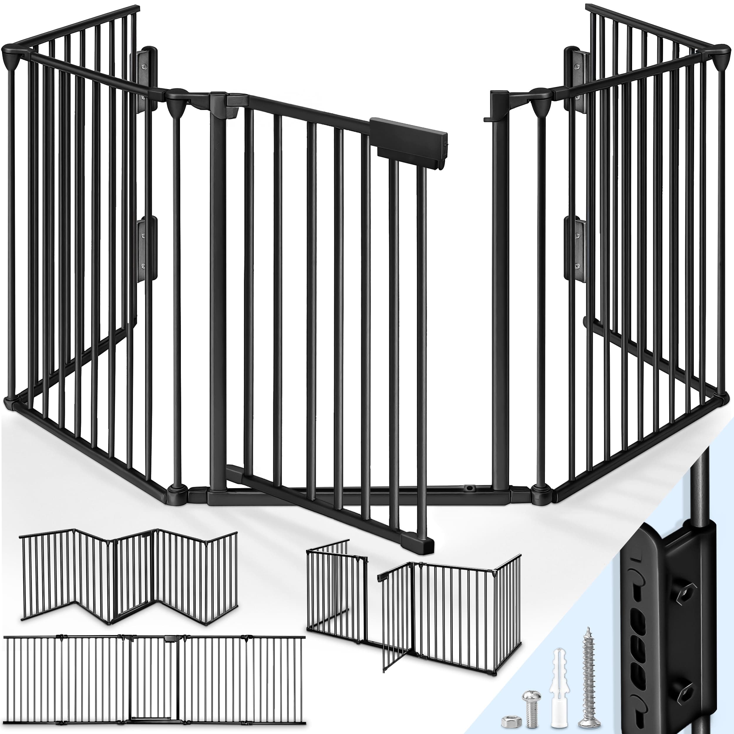 KIDUKU® Barriera di sicurezza 300-600 cm per Bambini e Animali | Cancelletto Griglia di Sicurezza per Camino - Preassemblato | Barriera Protettiva Pieghevole per Porte o Scale (Nero, 180 cm)