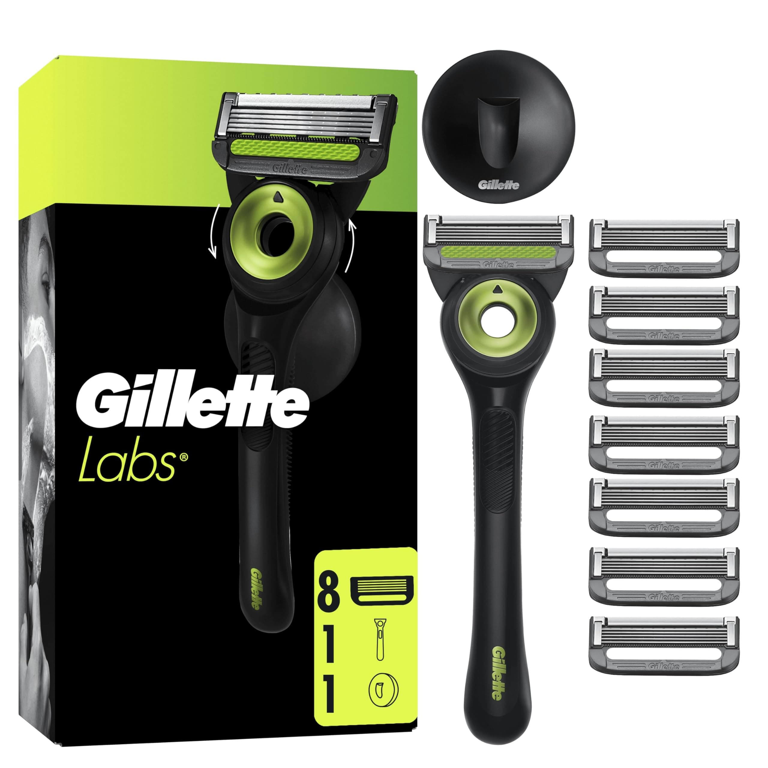 Gillette Labs rasoir pour homme Neon Night, barre exfoliante, manche réutilisable en métal et 8 cartouches de recharge GilletteLabs à 5 meilleures lames de la marque, rasage du visage confortable