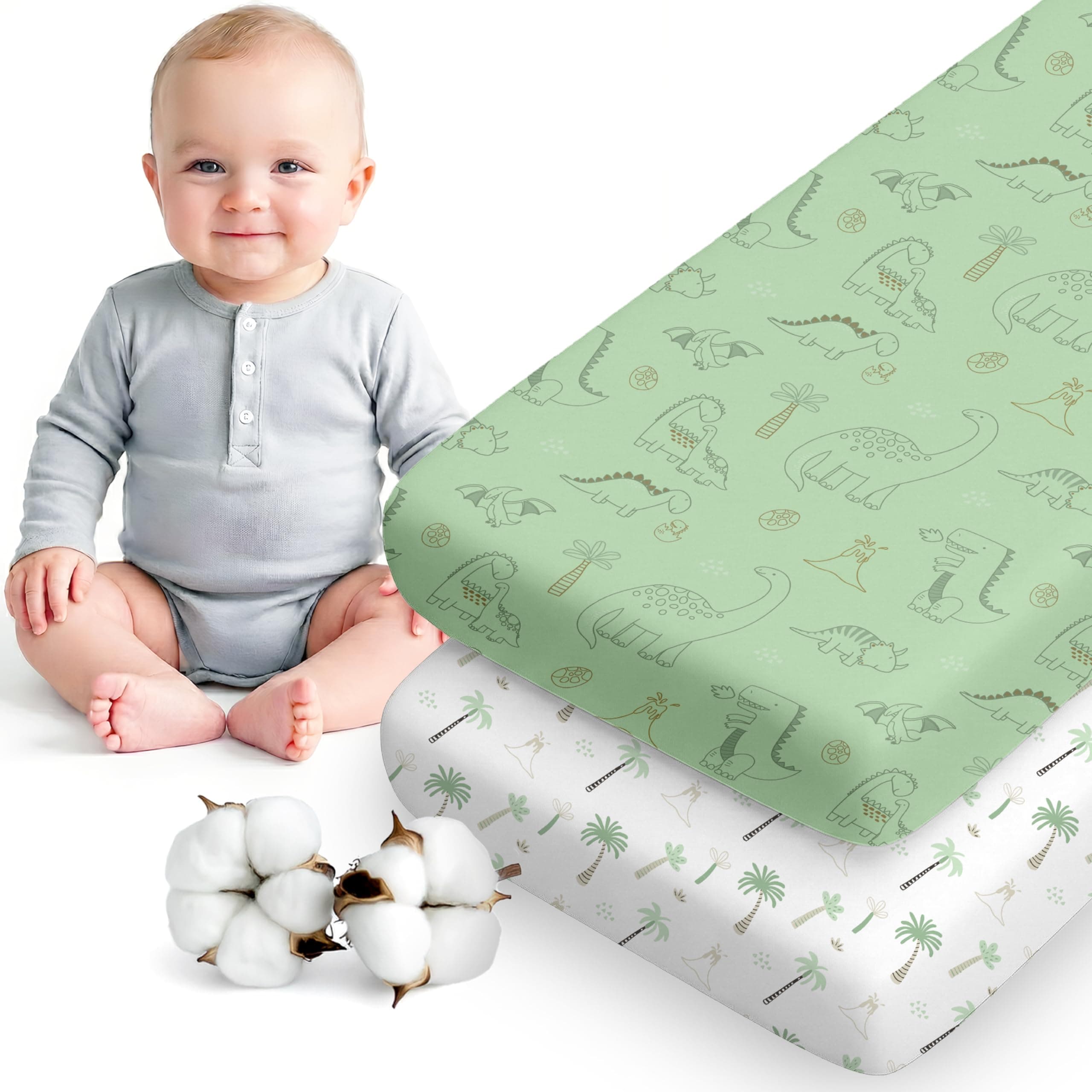Dreamzie Set 2 Lenzuola Culla 55x90 Cotone - Lenzuolo Con Angoli, Oeko-Tex Certificato - Per Culla Neonato E Lettino Compatto - Dinosauro Bianco/Verde Salvia