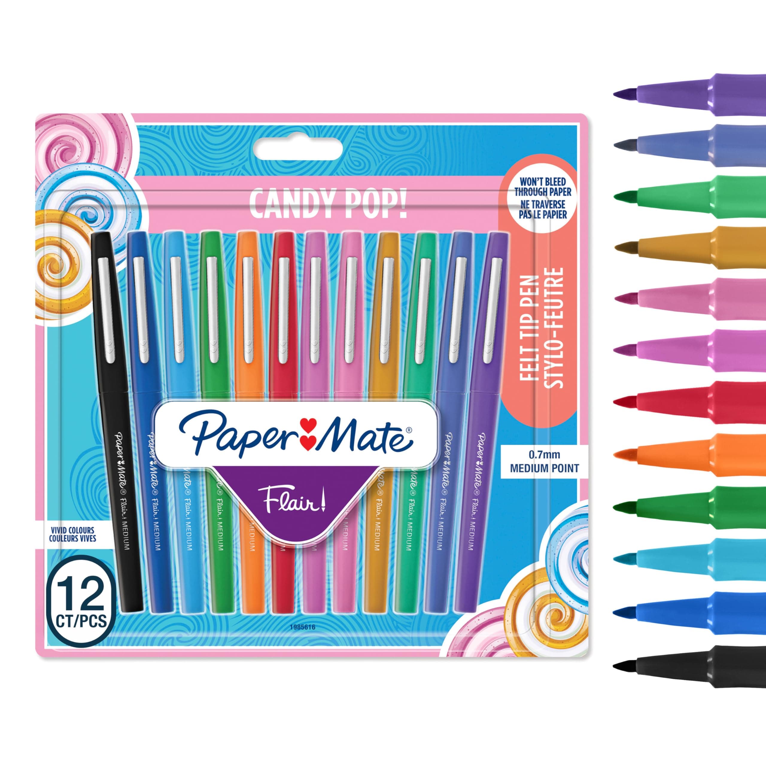 Paper Mate Flair Stylos feutres | Feutres de coloriage sans fuite à pointe moyenne (0,7 mm) | Idéal pour écrirecoloriage (adultes et enfants) scrapbookingetc. | Couleurs Candy Pop | Lot de 12