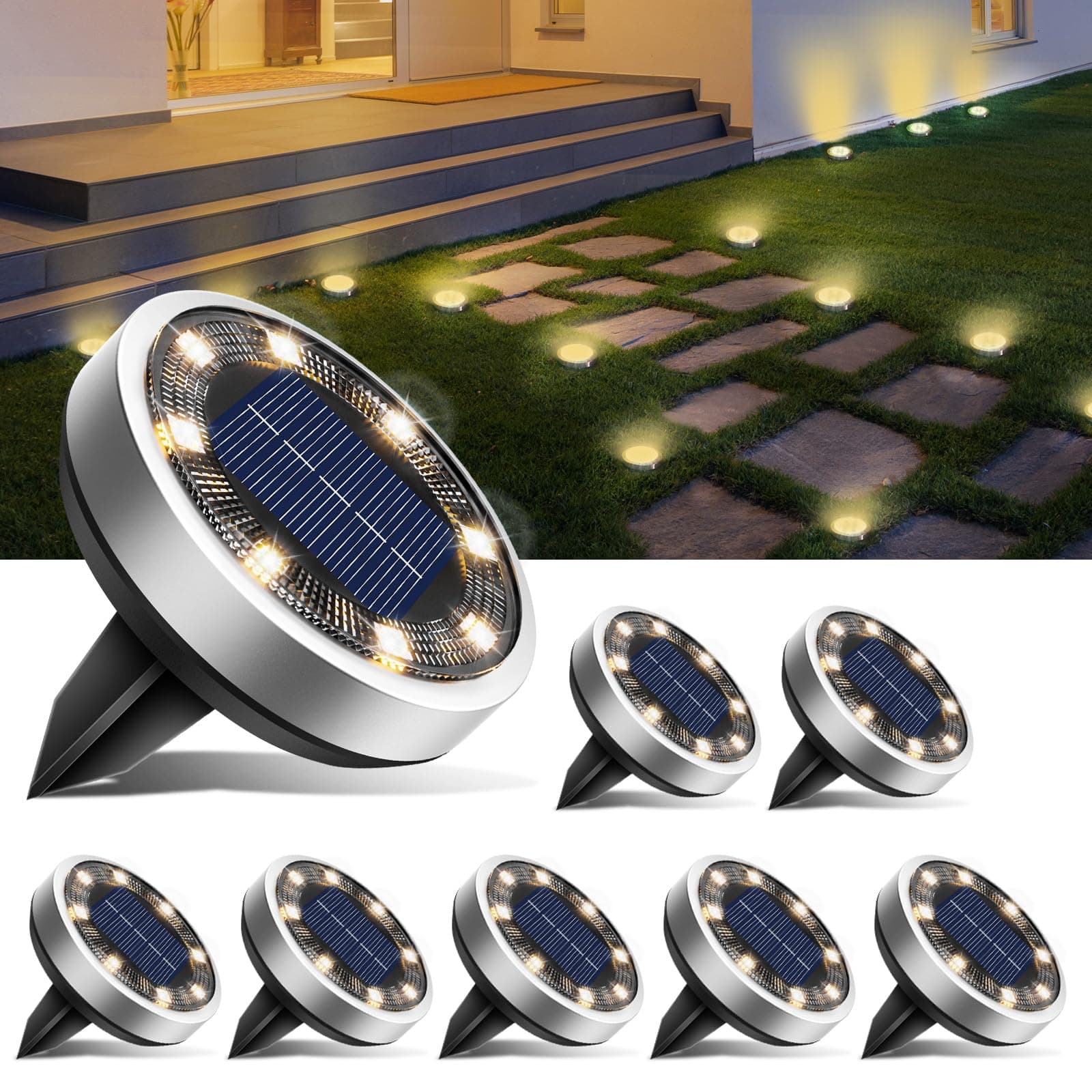btfarm 8 Paquetes Luces Solares LED Exterior Jardin Suelo, 8 LED Luz Solar Exterior Jardin, IP65 Impermeable Lamparas Solares Suelo Camino, Césped, Patio, Terraza (Blanco Cálido)