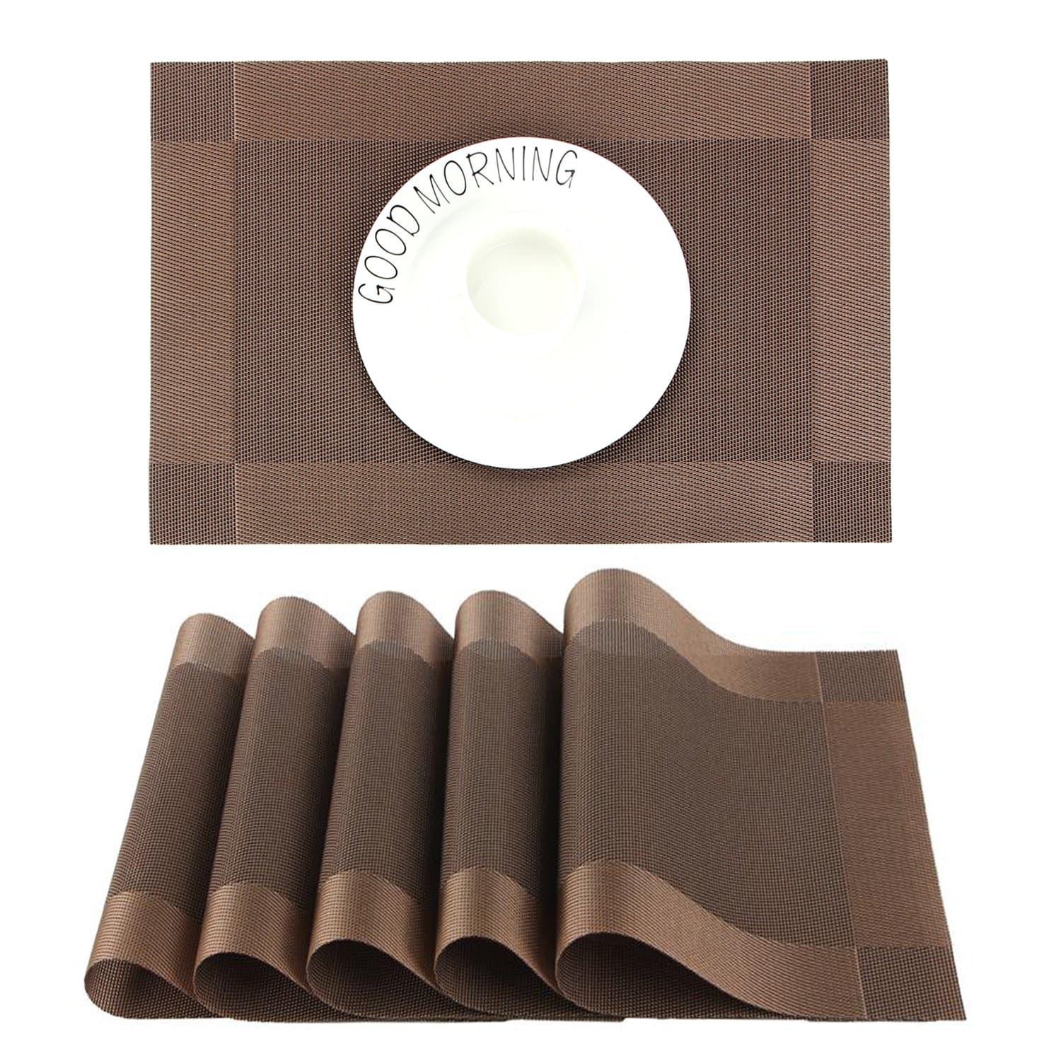 CHAOCHI Sets de Table PVC Antidérapant Lavable Résiste à la Chaleur Rectangulaire Vinyle Set de Table pour Restaurant, Table à Manger en Cuisine ou Salle à Manger, 45 x 30 CM Lot de 6 (Brun)