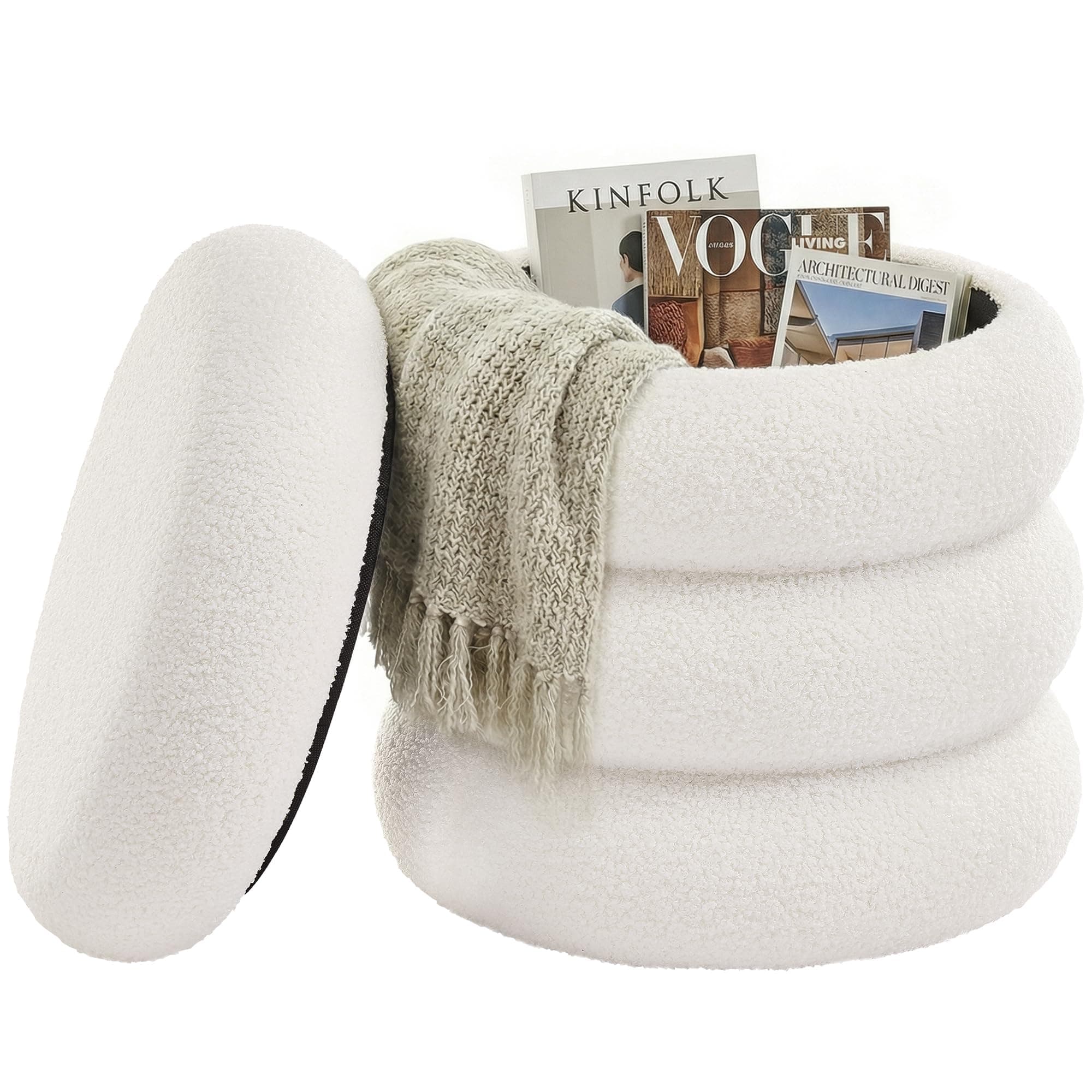 SONGMICS Taburete de Tocador, Puff Redondo con Almacenamiento, Reposapiés Acolchado, Tapa Extraíble, Salón Dormitorio Recibidor, Fácil de Montar, 43 x 47 cm, Peluche, Blanco LOM015WD01