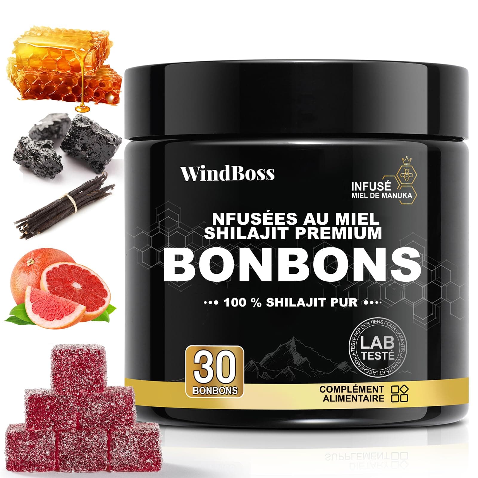 Gummies de Shilajit Pur de l'Himalaya – Complément Bien-Être pour Hommes 30 Pièces/Boîte – Approvisionnement de 30 Jours