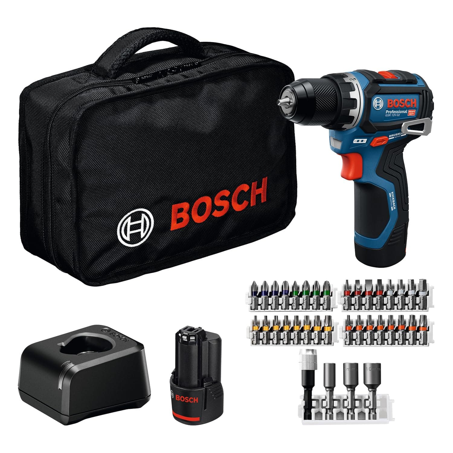 BOSCH Professional 12V System Akku-Bohrschrauber GSR 12V-32 (Advanced KickBack Control, bürstenloser Motor, inkl. 2,0-Ah-Akku, GAL12V-20, Zubehör, Einlage, Werkzeugtasche) Battery Powered