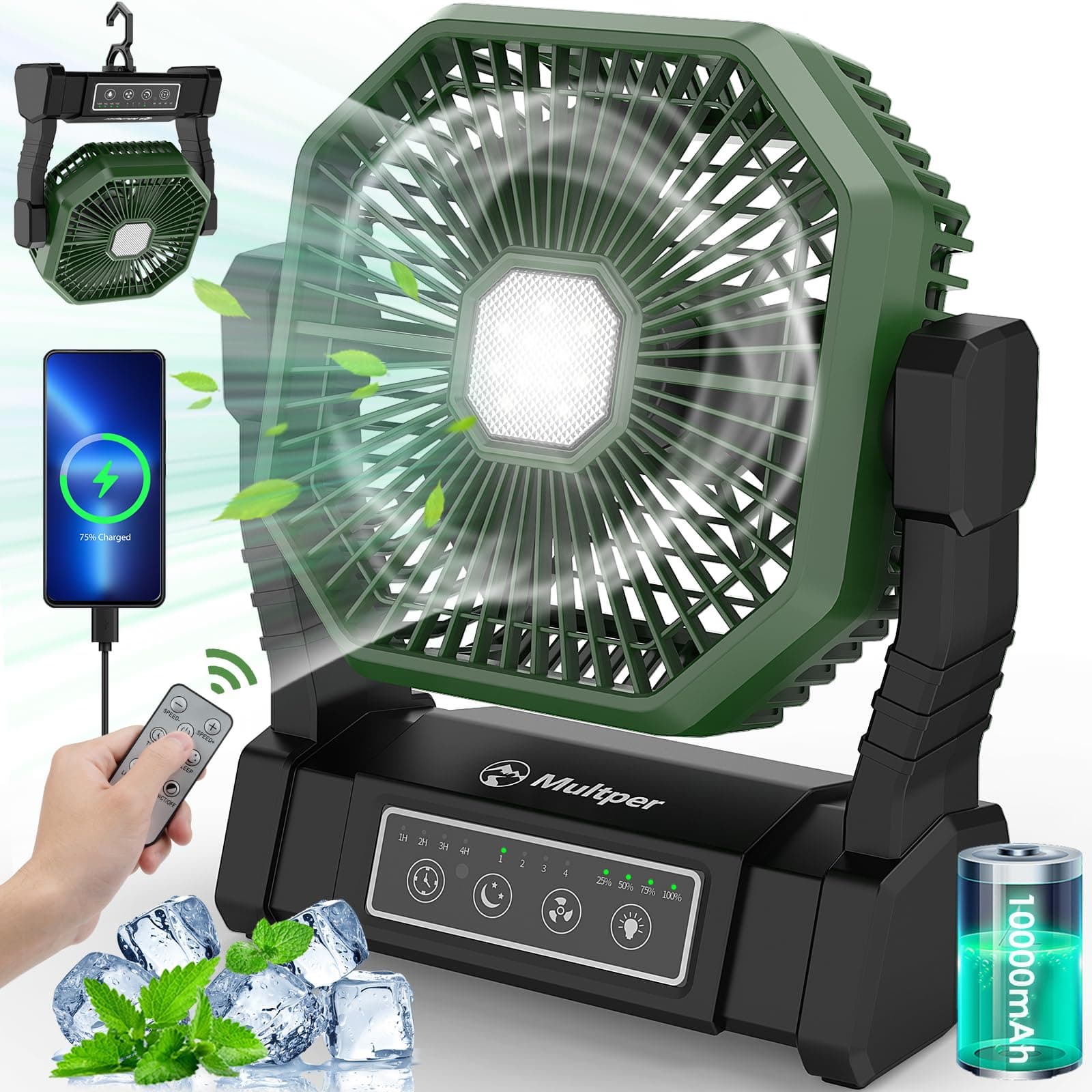 Multper Ventilateur de Camping 10000mAh Portable Rechargeable 4 Vitesses, Ventilateur USB Silencieux avec Lumière LED, Télécommande et Crochet pour Camping, Bureau et Maison