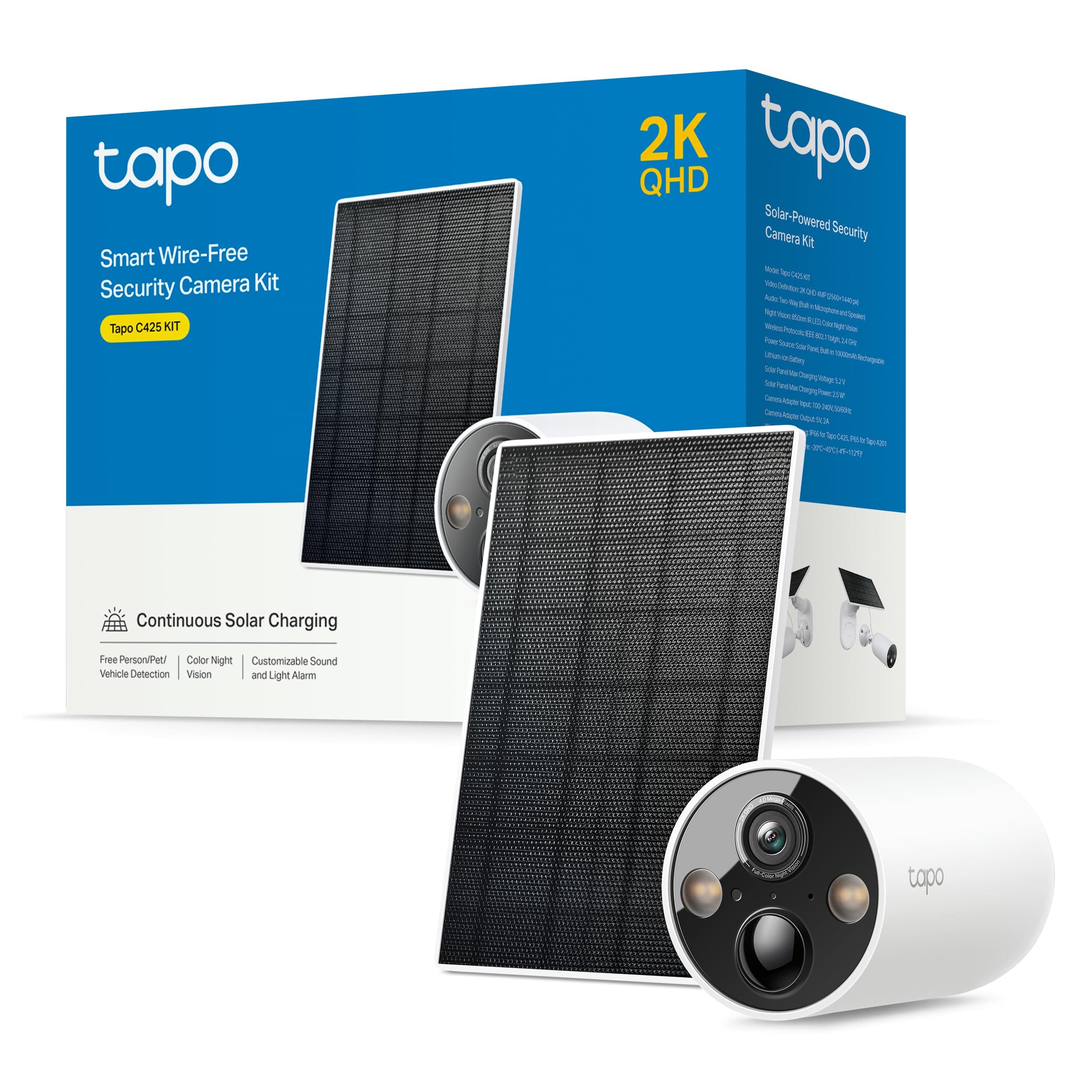 Tapo C425 Kit-Cámara de Seguridad Solar, Base magnética Ajustable, visión Nocturna en Color, Memoria MicroSD, batería de 10000 mAh, Campo de visión súper Gran Angular de 150°, Compatible con Alexa