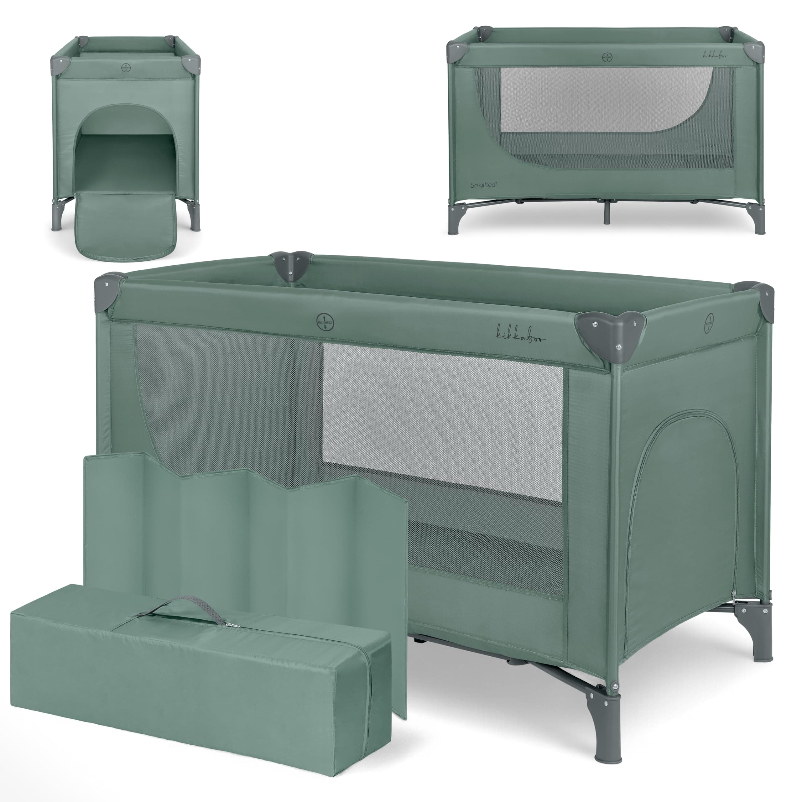 KikkaBoo Cuna de Viaje SO Gifted 2026, Cuna Bebe 120x60 cm hasta 15 kg, Parque Plegable con Bolsa de Transporte, Ligera y Compacta, Verde