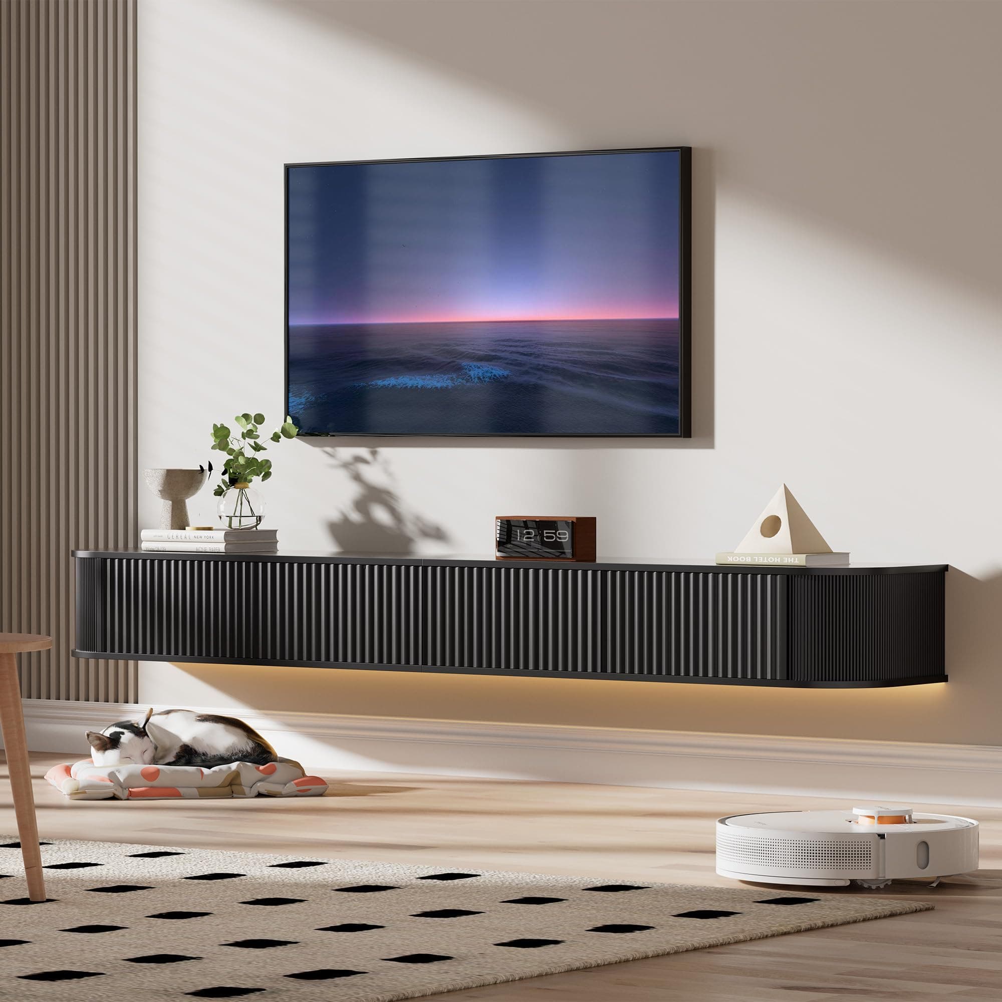 PURFINO Mueble de TV Flotante con Luz LED - Mueble de TV Montado en Pared de 180CM con Almacenamiento Mejorado y Bordes Redondeados, Consola Multimedia de TV Moderna para Televisores 65-75 Pulgadas