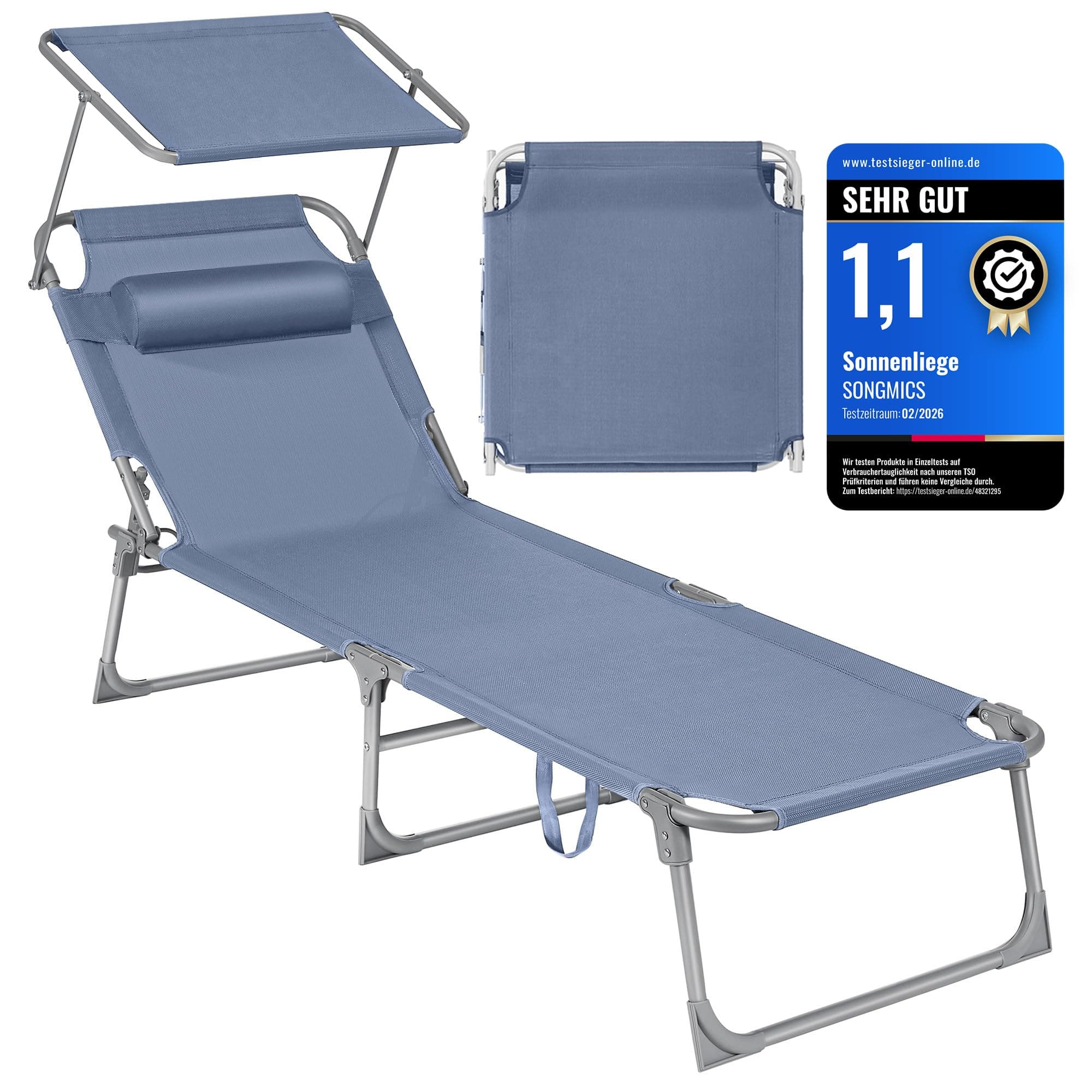 SONGMICS Sonnenliege, klappbarer Liegestuhl, 193 x 53 x 29 cm, trägt bis zu 150 kg, Sonnenschutz, Kopfkissen, verstellbare Rückenlehne, für Garten, Pool, Terrasse, blau GCB192Q01