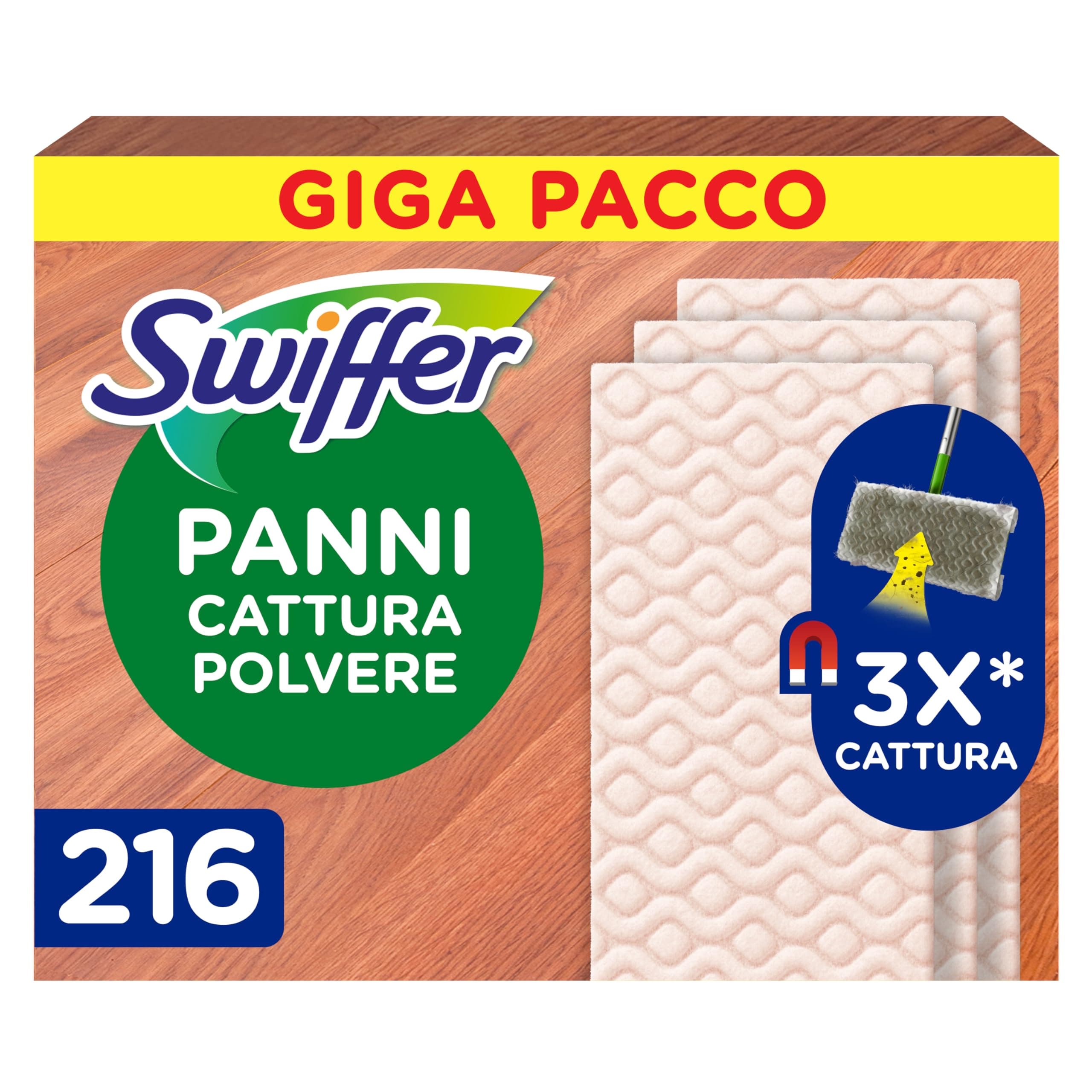 Swiffer Panni Cattura Polvere, 216 Panni Microfibra Dry, Cattura Polvere e Sporco, Ottimo per Tutti i Tipi di Pavimenti e per i Peli di Animali, Giga Formato