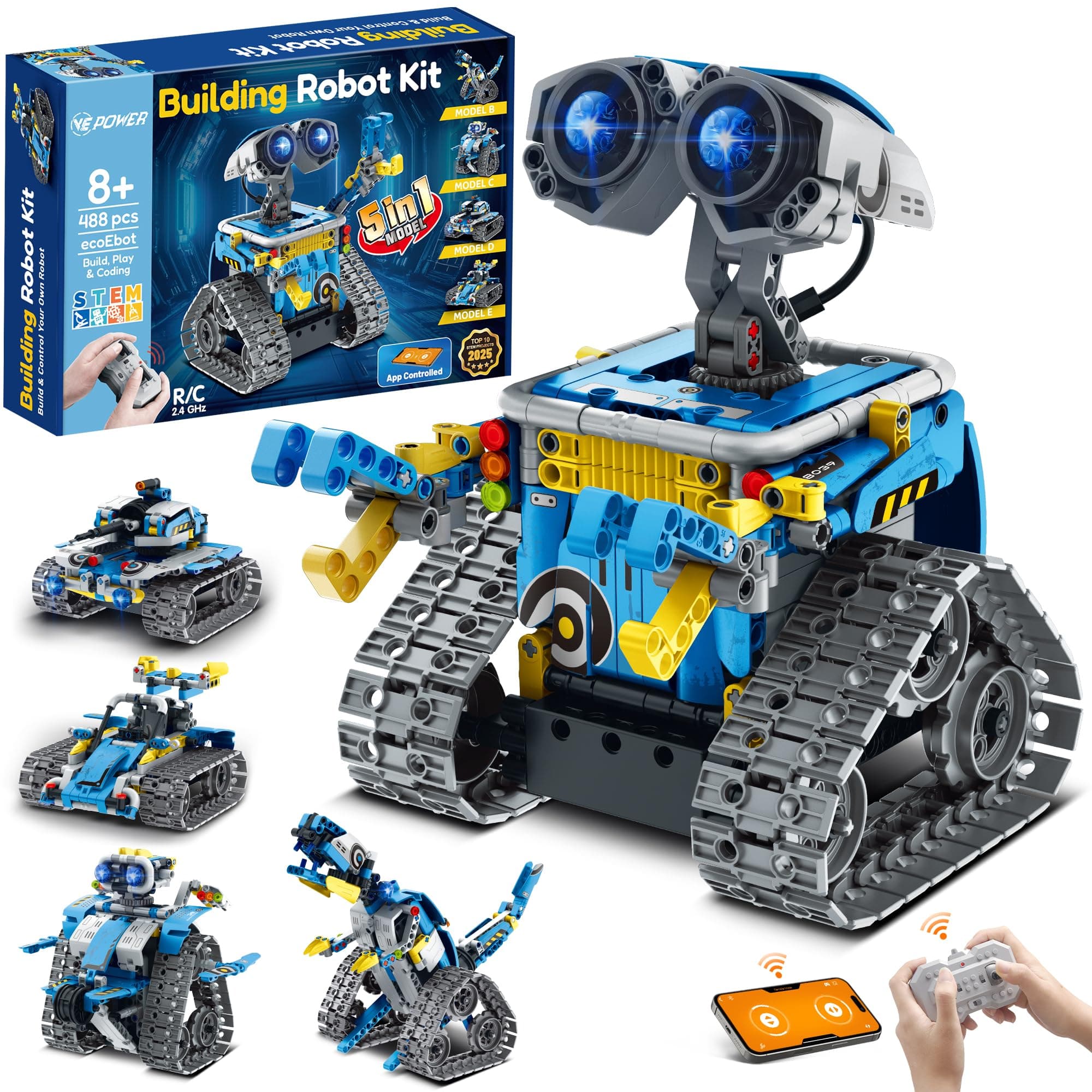 VEPOWER Technic Robots Télécommandé pour Enfants, 5-en-1 Roboticset avec App Robot, Jouet de Construction programmable, Idées Cadeaux pour Garçons et Filles âgés de 8 à 12 Ans (488 pièces)