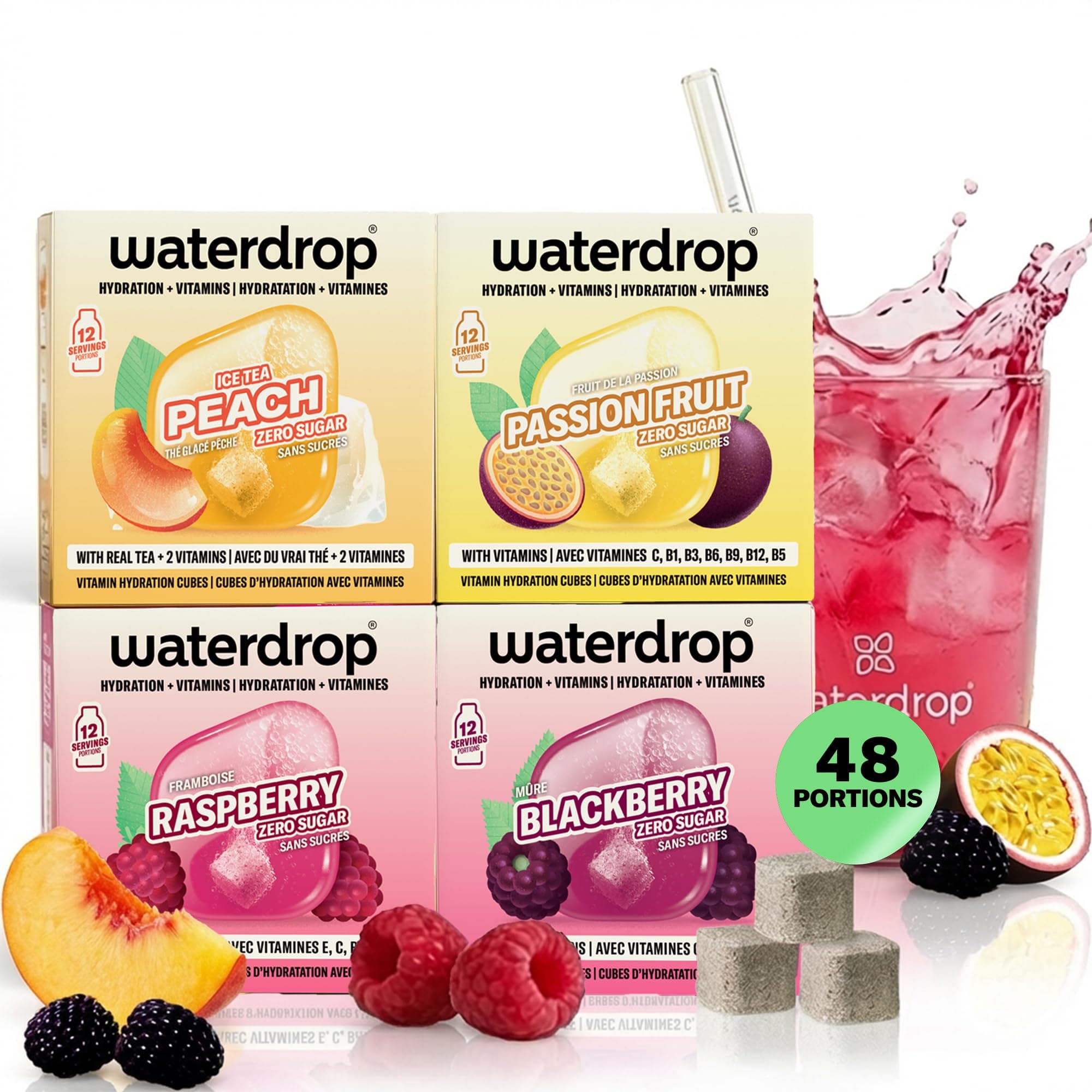 waterdrop® Coffret Microdrink | 48 waterdrop boisson en cube effervescente en 4 saveurs | Extraits naturels de fruits et de plantes | Avec vitamines | Boisson sans sucre | Eau aromatisée en pastille