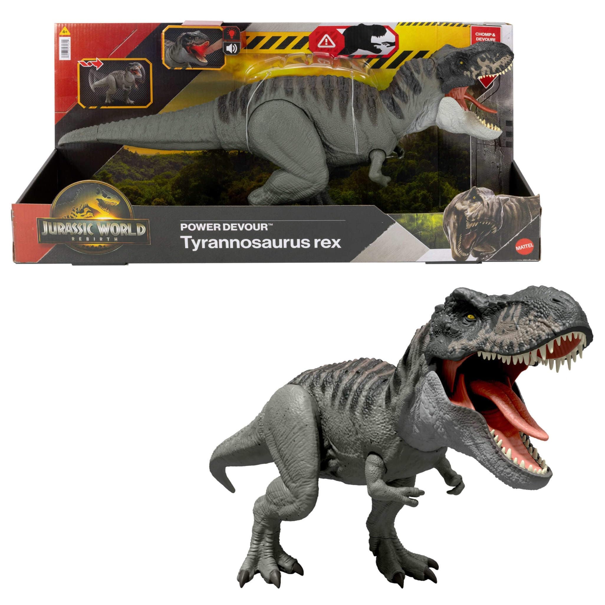 Mattel Jurassic World: El Renacer, Power Devour Figura de tiranosaurio rex con función de mordiscos continuos activada con la lengua, luces y sonidos, juego digital, JGB50