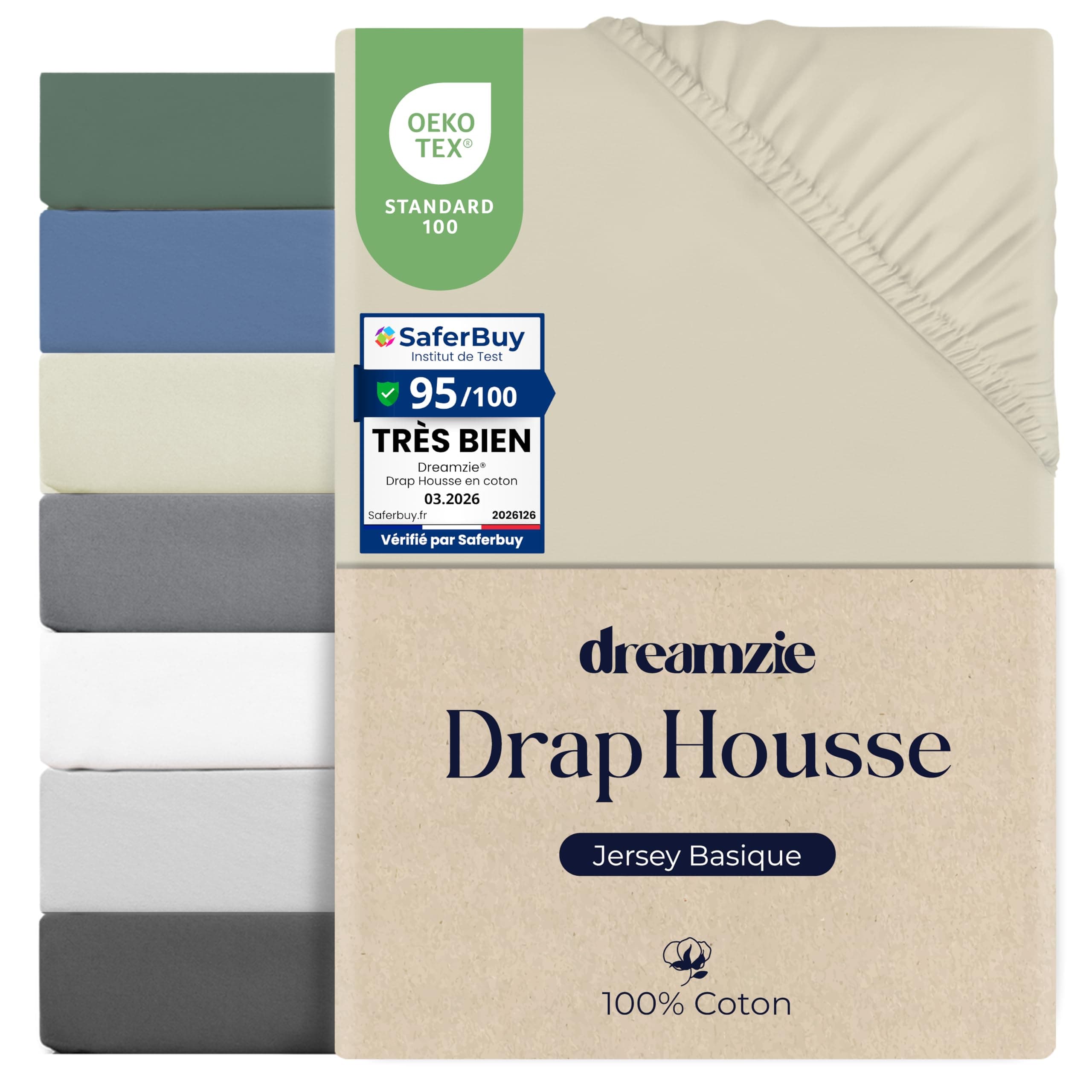Dreamzie Drap Housse 80x190/200 Coton, Jersey Extensible, Bonnet 15 cm, Adapté aux Matelas Jusqu’à 12 cm, Certifié Oeko-Tex, Hypoallergénique - Beige