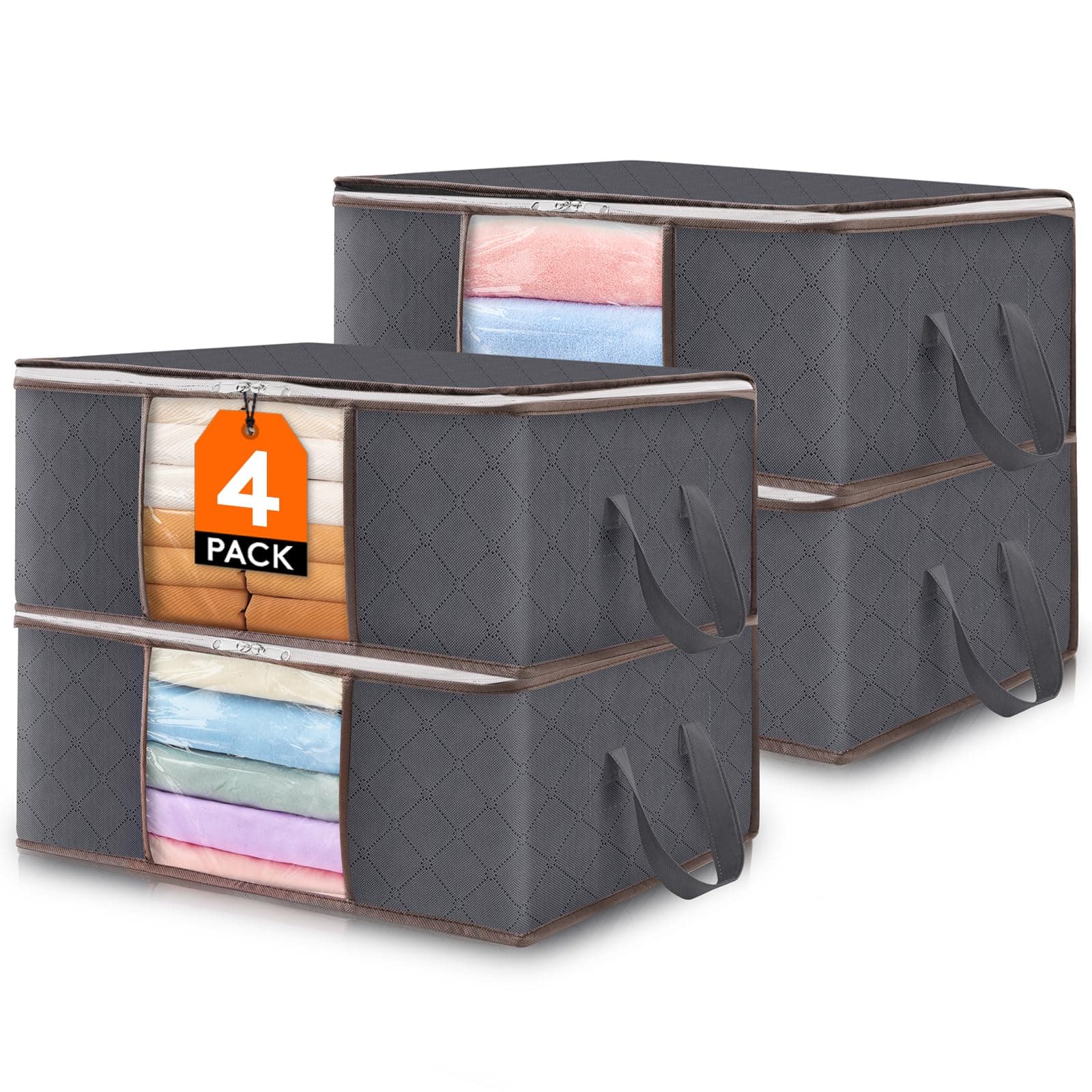 Lifewit Organizador de Ropa Plegable con Asa Reforzada, Bolsa de almacenamiento de Tejido Resistente y Ventana Transparente para Suéteres, Abrigos, Camisetas, Mantas, Paquete de 4, 35L, Gris