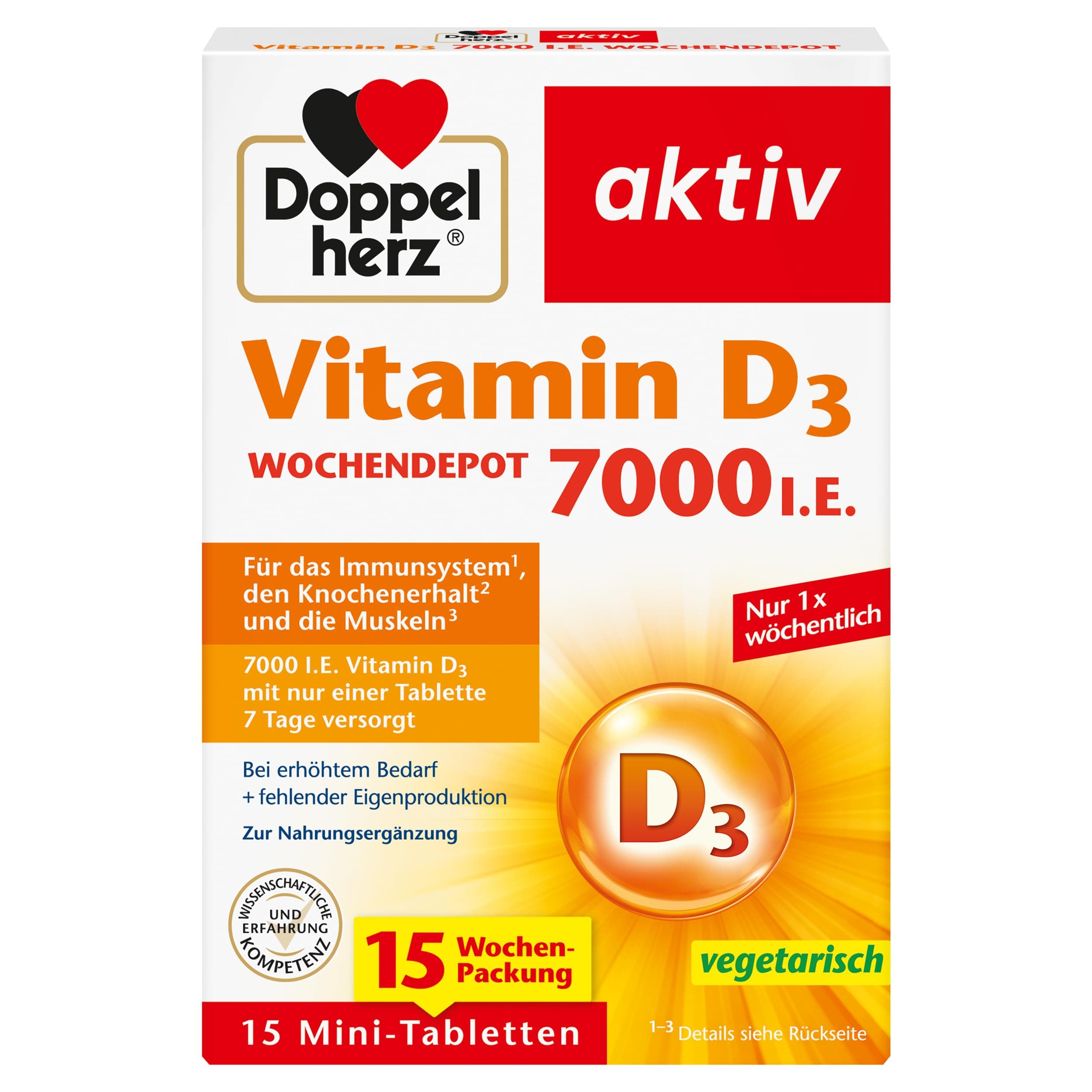 Doppelherz Vitamin D3 7000 I.E. WOCHENDEPOT - Mit nur einer Tablette 7 Tage versorgt - 15 Wochen-Packung - 15 Mini-Tabletten