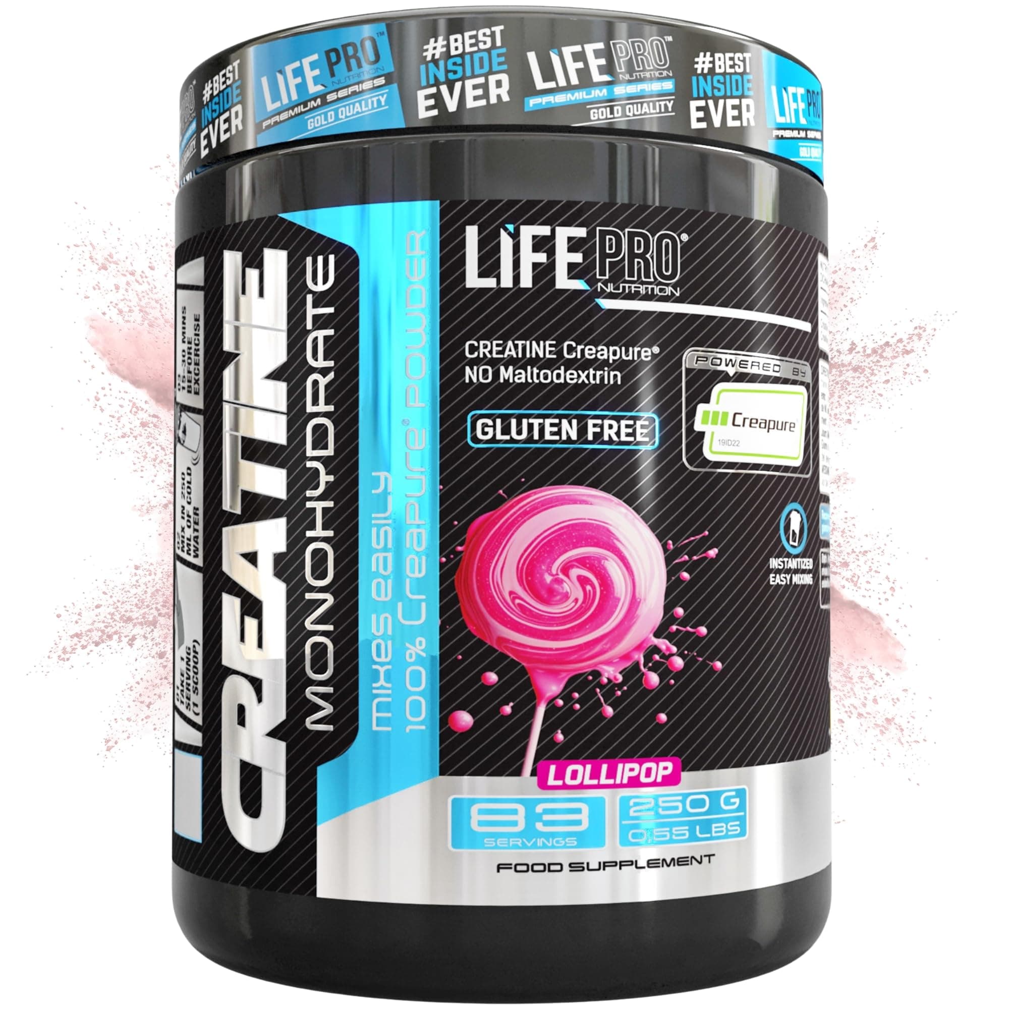 Creatina Monohidratada Creapure Life Pro – Creatina Micronizada Pura, Hasta 83 Tomas – Sin Gluten, Para Fuerza, Energía y Recuperación Muscular – Calidad Alemana (250g, Lollipop)