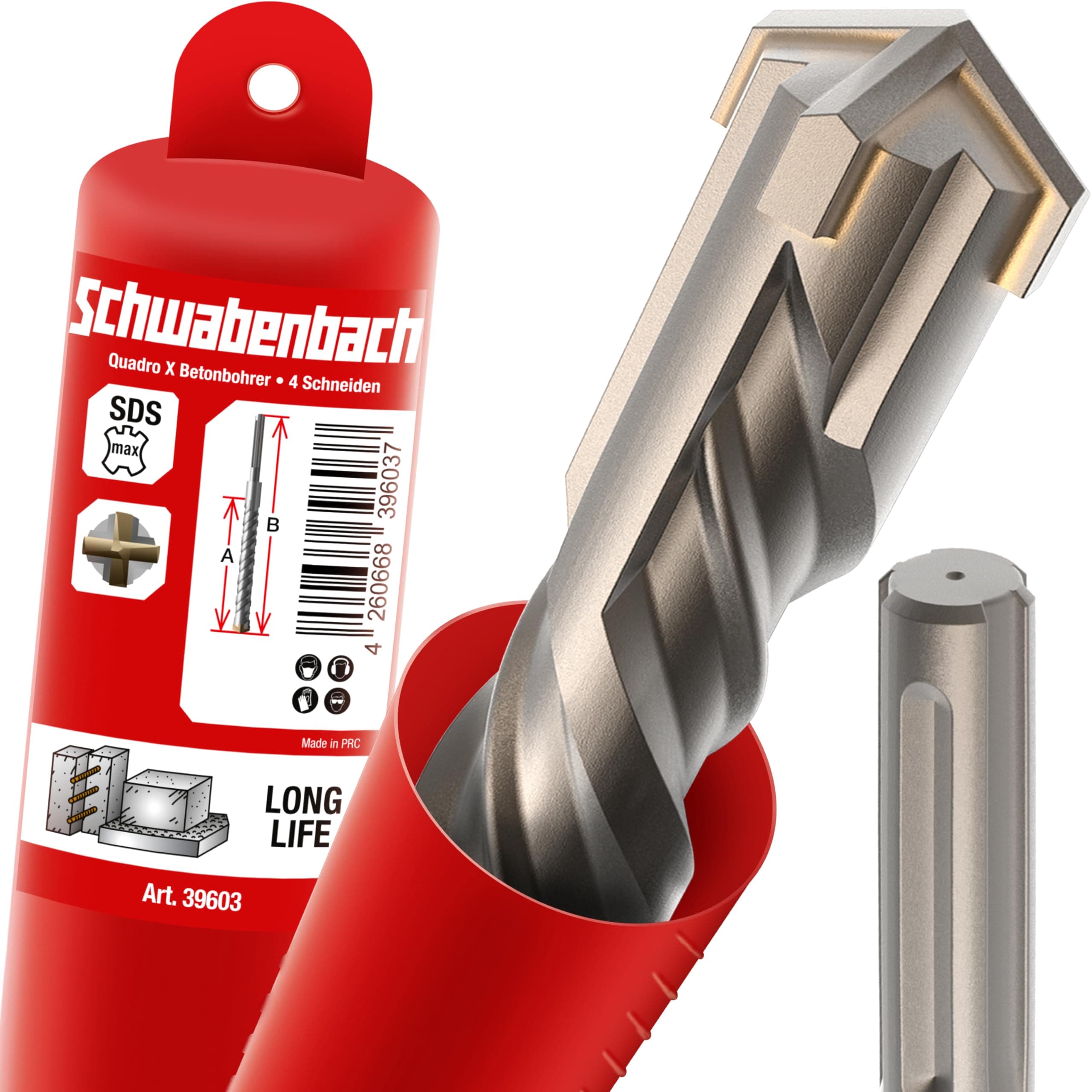 SCHWABENBACH® Foret SDS Max 32mm x 880 x 1000 – Foret à Béton – Perçage Rapide et Précis – Pointe en Carbure Haute Qualité – Foret Long pour Pierre et Béton Armé
