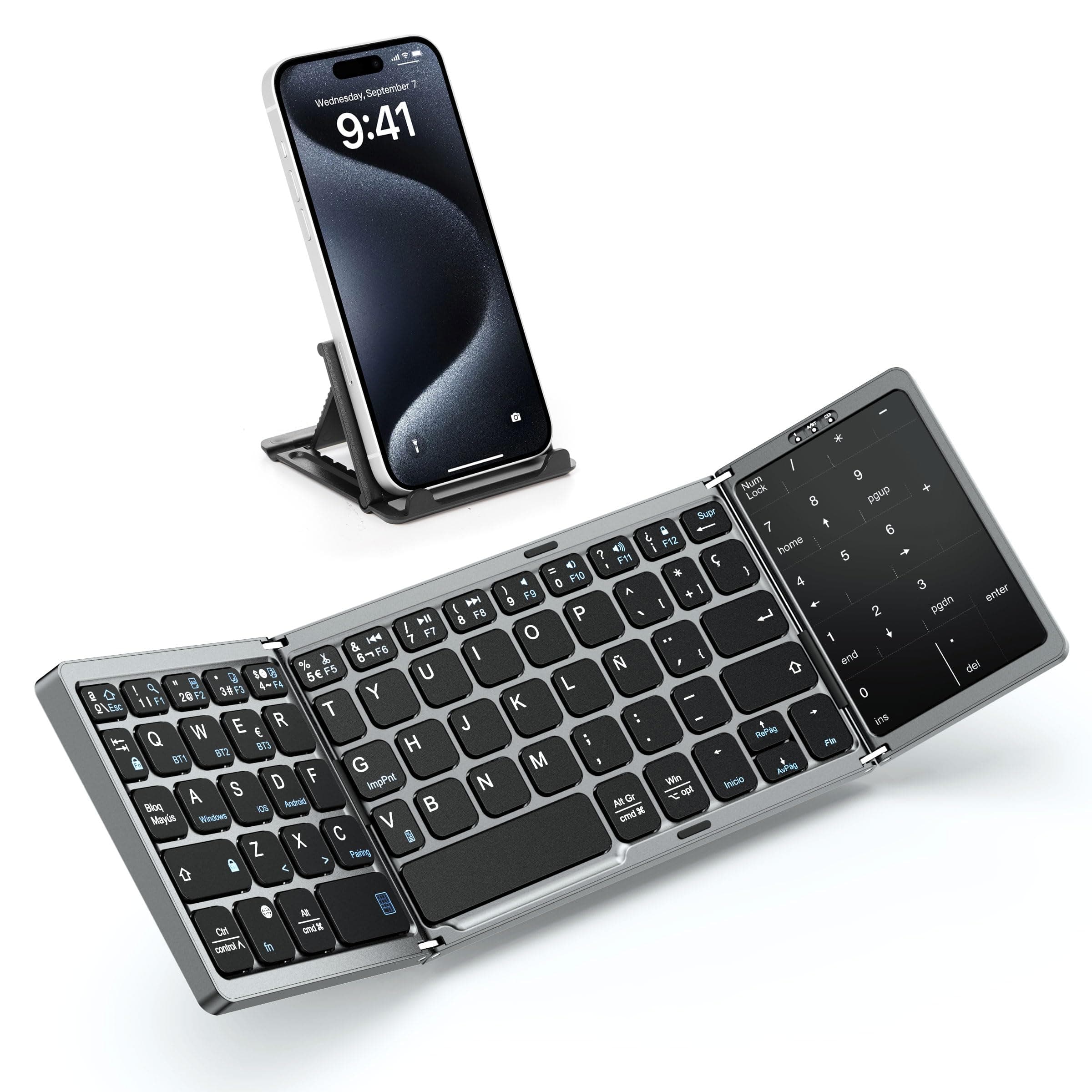 MoKo Teclado Plegable Español Ñ, Teclado Plegable Bluetooth con Panel Táctil y Teclados Numérico, Teclados Inalámbrico Portátil USB-C Recargable para Windows iOS Android Tablet/Móvil/PC, QWERTY - Gris