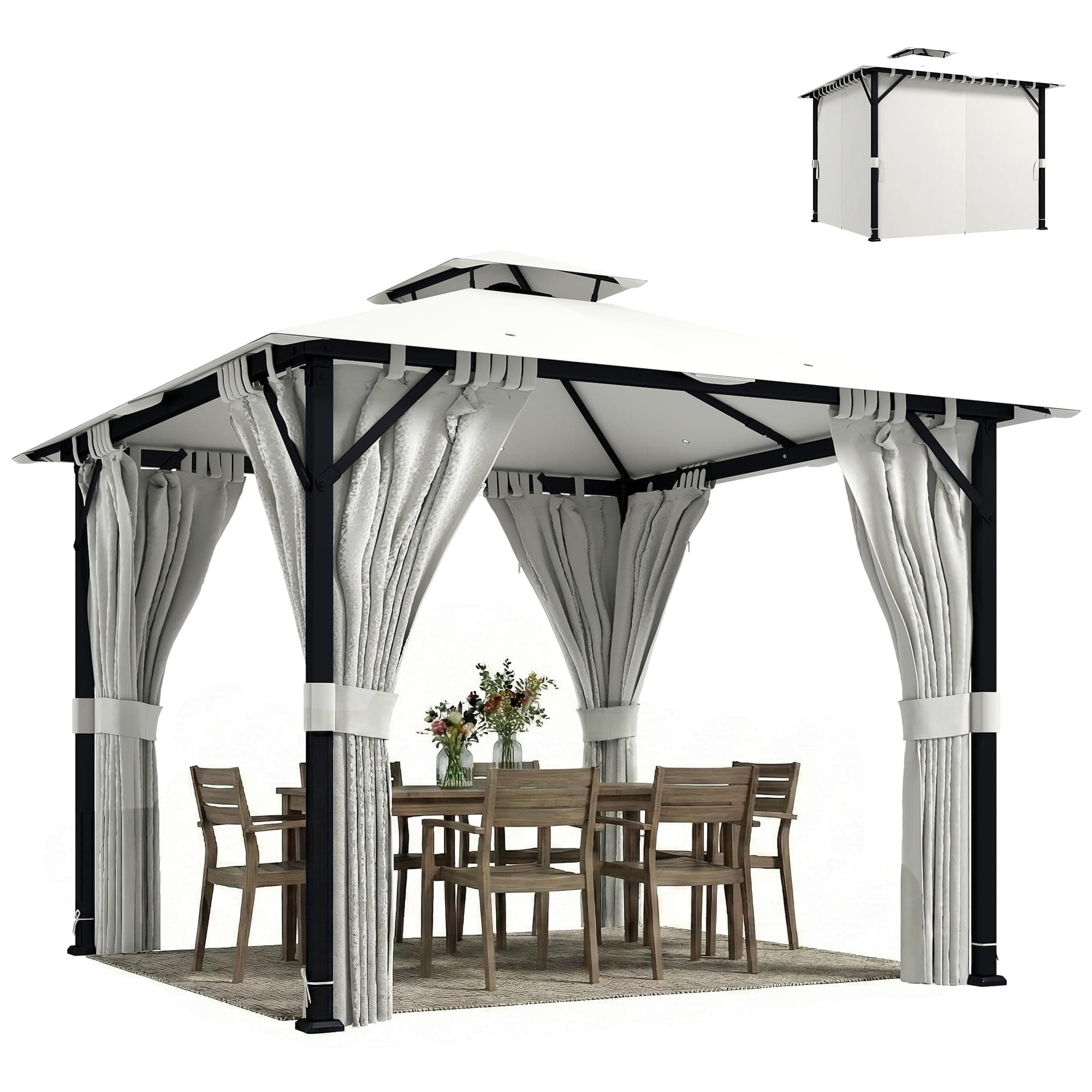 Outsunny Tonnelle de Jardin Extérieur 3x3m Pavillon de Jardin, Structure Robuste en Métal, Toit Double, Barnum avec Rideaux, Crochets de Plafond, Anti-UV UPF50+, pour Fête et Terrasse, Crème