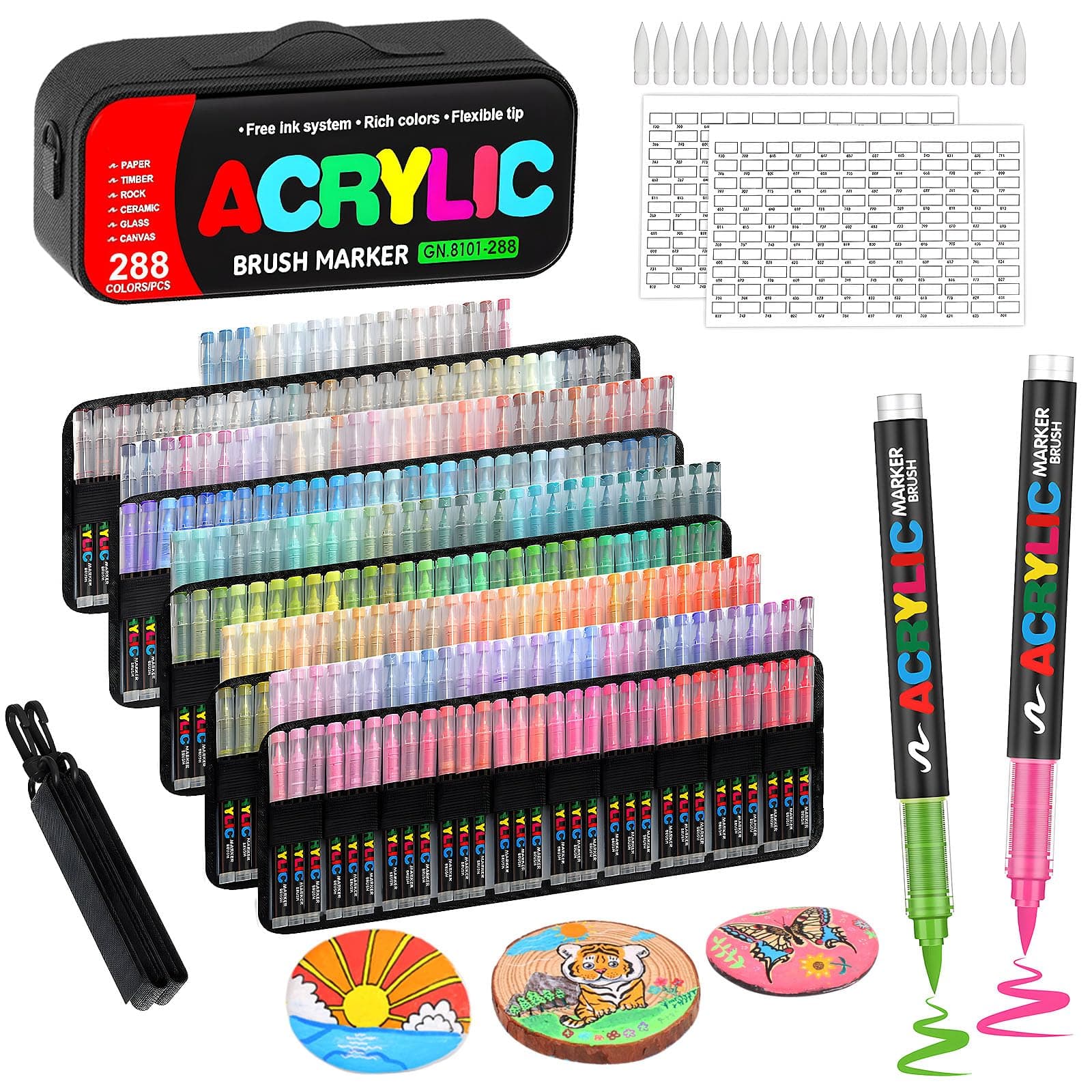 Laconile 288 Marqueurs Acryliques à Pointe Pinceau - Trousse Portable, Nuancier de Couleurs & 20 Pointes de Rechange, Stylo Acrylique Liquide Direct - Idéal pour Céramique, Coloriage(288markers+1bag)