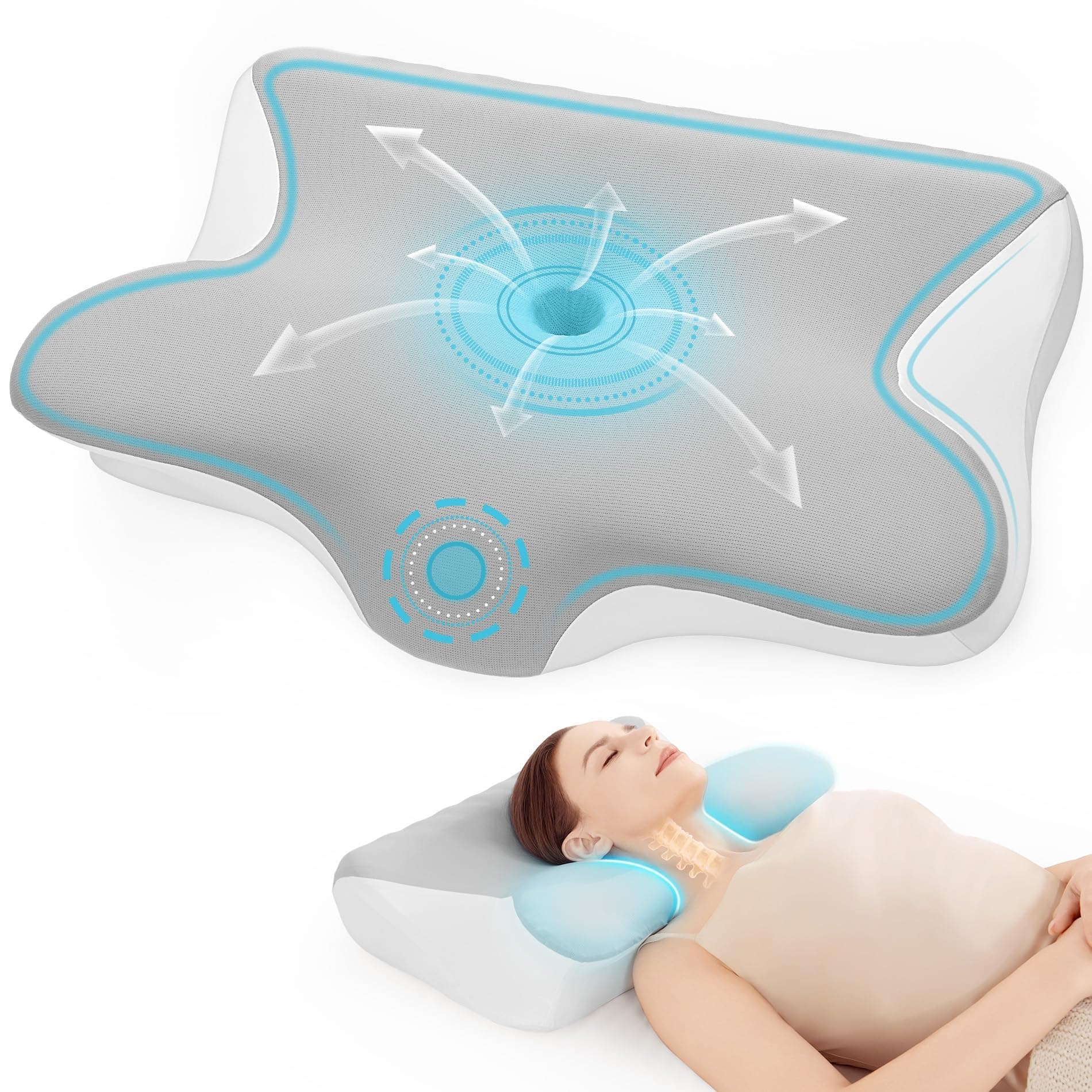 Cuscino Cervicale Ortopedico Memory Foam per Dolore al Collo - 2 in 1 Supporto Collo/Spalle, Ideale per Dormire su Fianco/Schiena/Pancia, Doppia Altezza (60x41,5x10/12cm),Federa Sfoderabile e Lavabile
