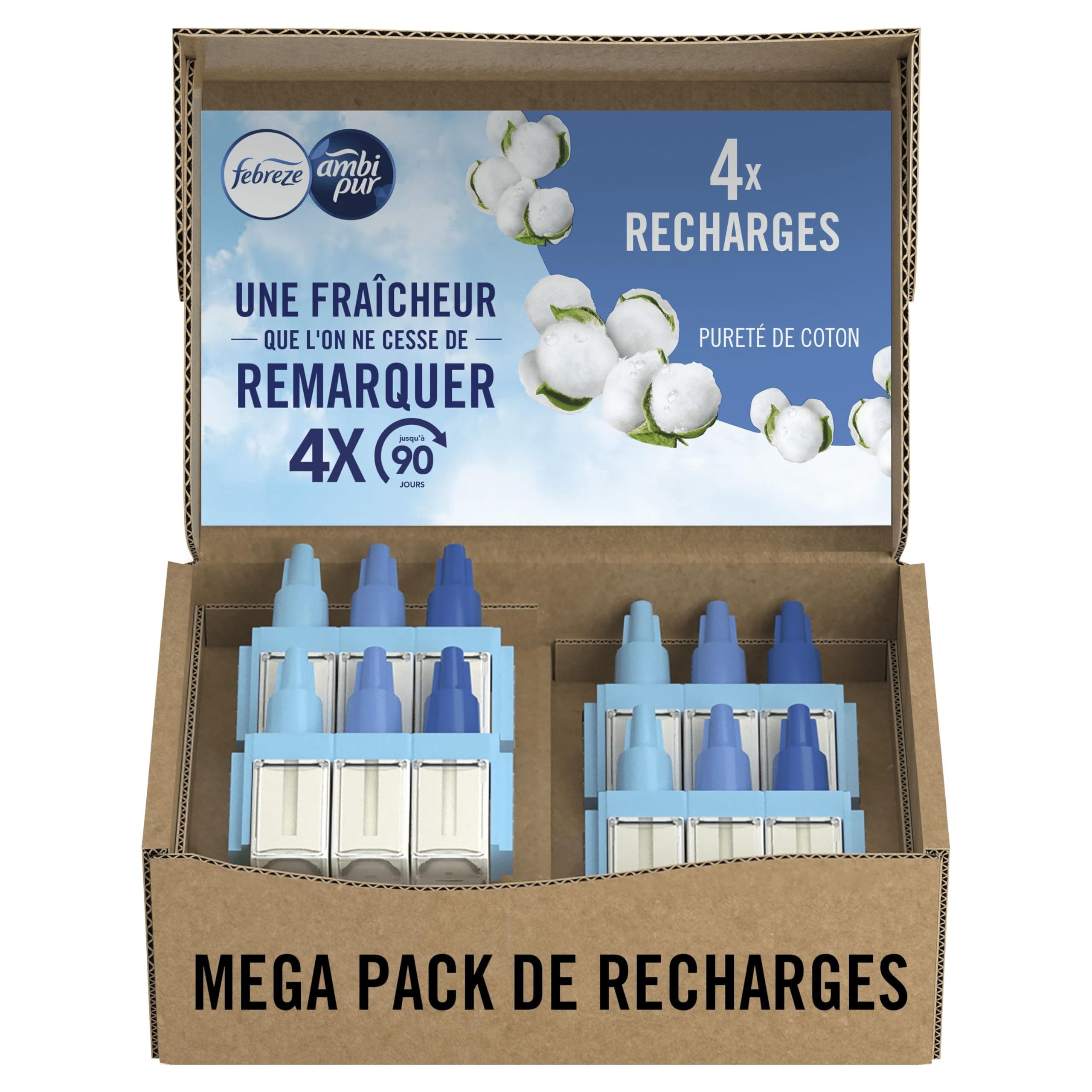 Febreze Désodorisant Électrique, Méga Pack de Recharges (4 Recharges de 20ml avec 3 Parfums en Alternance), Parfum Pureté de Coton, Combat les Odeurs en Continu, Fraîcheur Jusqu'à 90 Jours