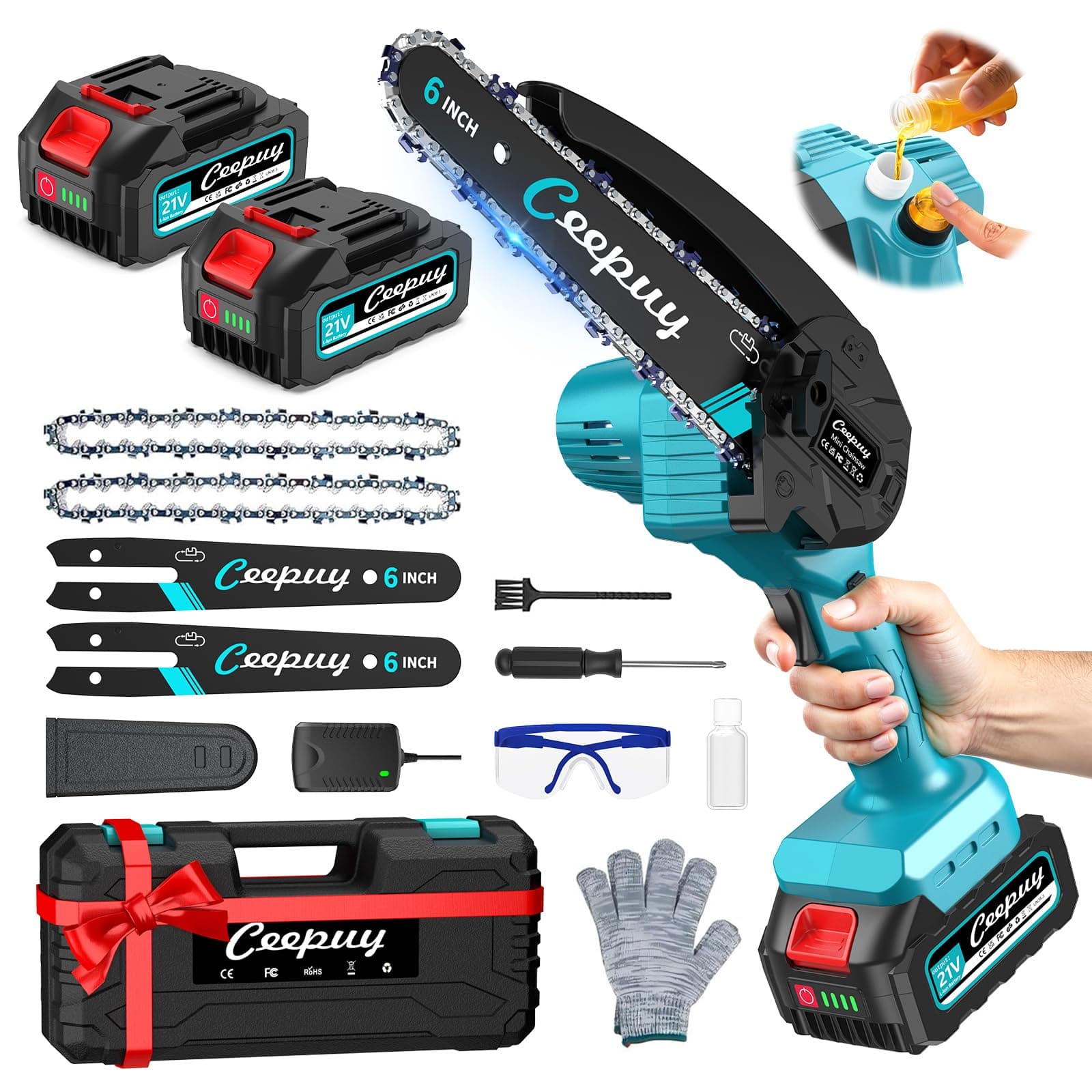 Mini Motosierra Batería 6 Pulgadas 2×4000mAh, Sierra Eléctrica Inalámbrica con Depósito de Aceite, Portátil para Podar Jardinería y Árboles