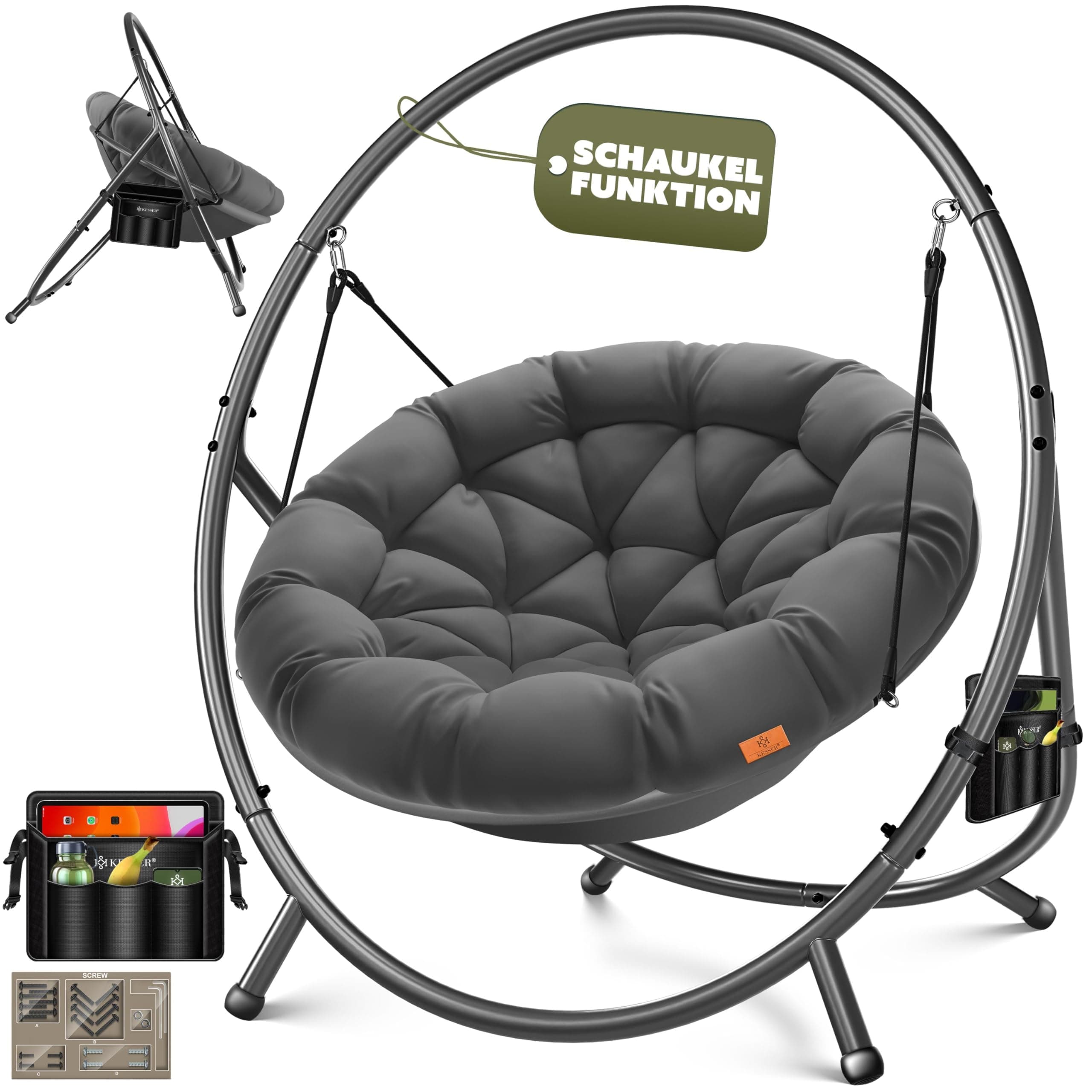 KESSER Fauteuil suspendu avec cadre Bali, balançoire suspendue jusqu'à 150 kg, pour intérieur et extérieur, coussin et poche latérale, panier suspendu, structure en acier et rembourrage en mousse