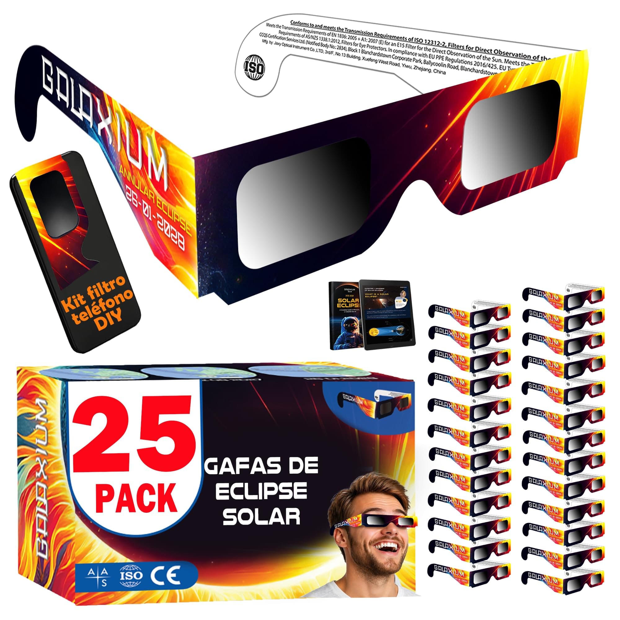 Galaxium 25/50/100 Gafas Eclipse Solar Homologadas ISO 12312-2 - Aprobadas AAS 2026 - Certificadas CE - Seguras para Observación Directa - Gafas para Ver Eclipse Solar