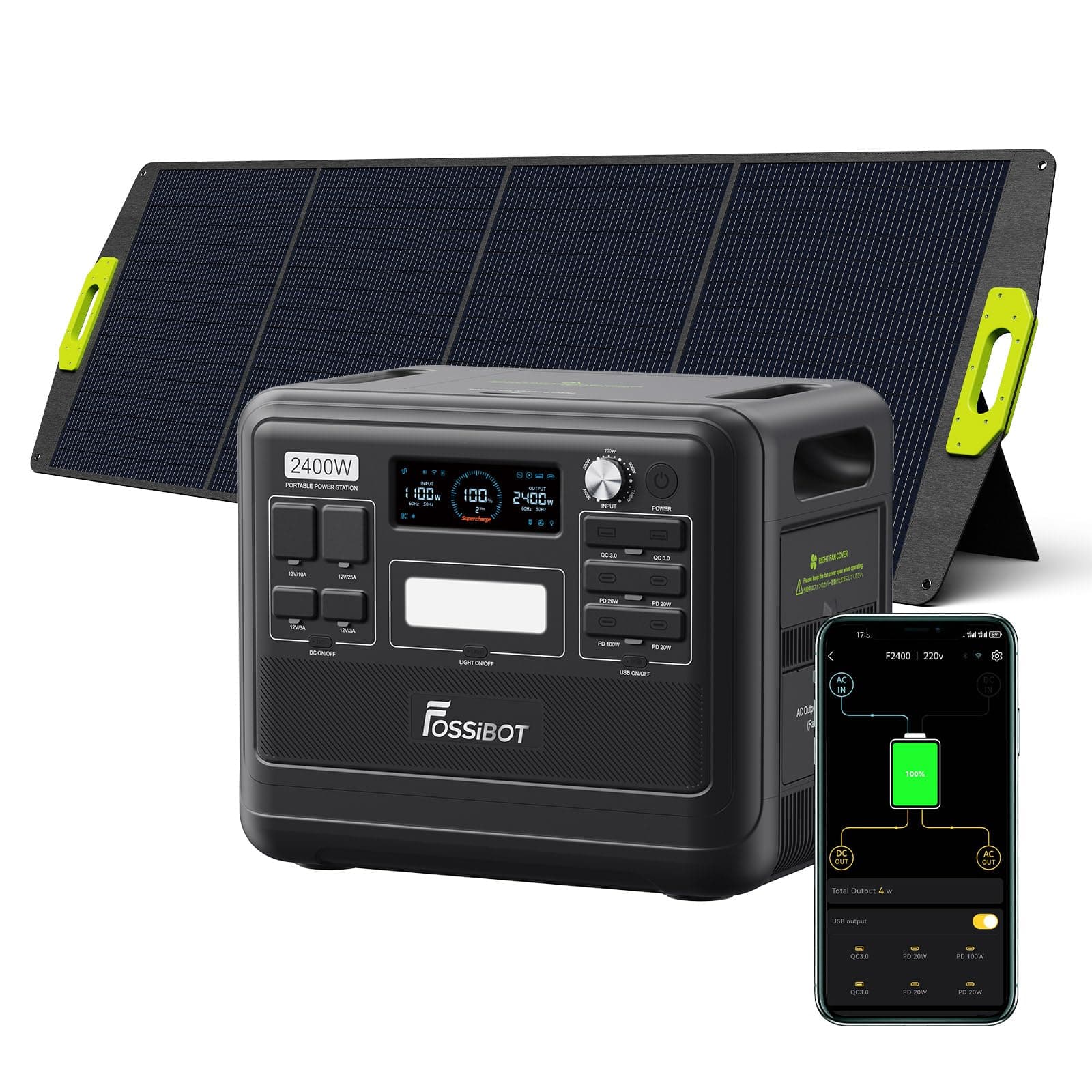 FOSSiBOT Generateur Electrique Portable 2400W/2048Wh avec Panneau Solaire 200W, Générateur Électrique, LiFePO4 Batterie, 3x230V Pure Sine Wave CA Outlet pour UPS, pour Camping-cars, Jardin, RV