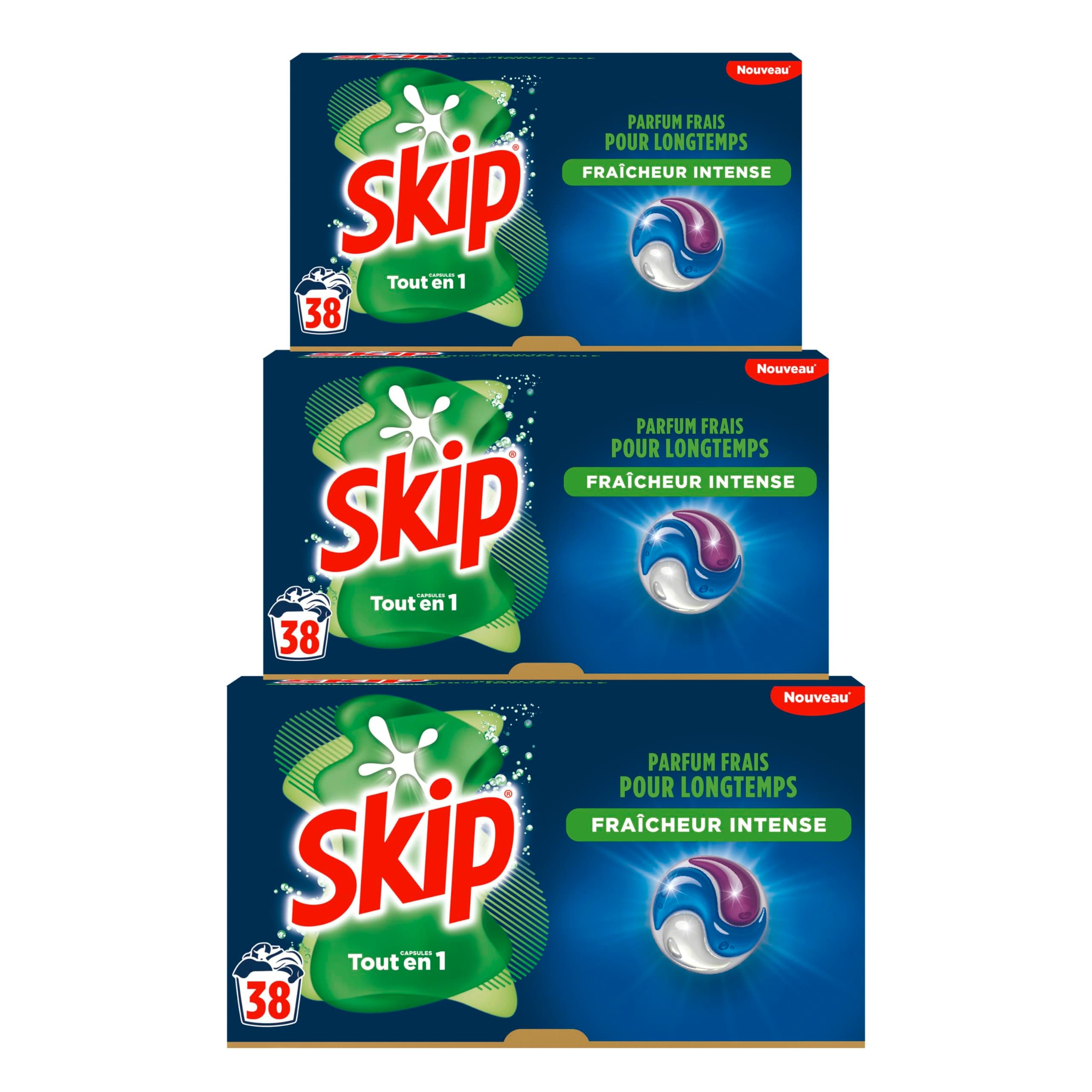 Skip Lessive liquide en capsules Fresh Clean 3 en 1, 114 lavages, résultat impeccable et fraîcheur longue durée, sans emballage plastique (lot de 3x38)