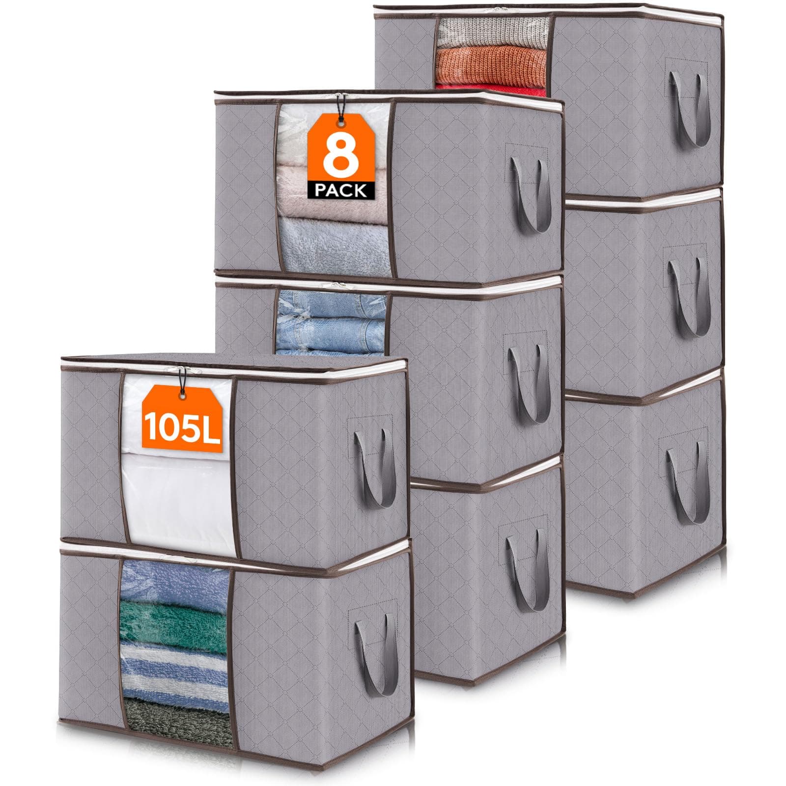 Lifewit 8 Piezas 105L Bolsas para Guardar Ropa de Gran Capacidad, Cajas Mudanza Plegable, Bolsas Almacenaje Ropa, Cajas Almacenaje, Organizador Armario Para Ropa, Mantas, Edredones, Gris Claro