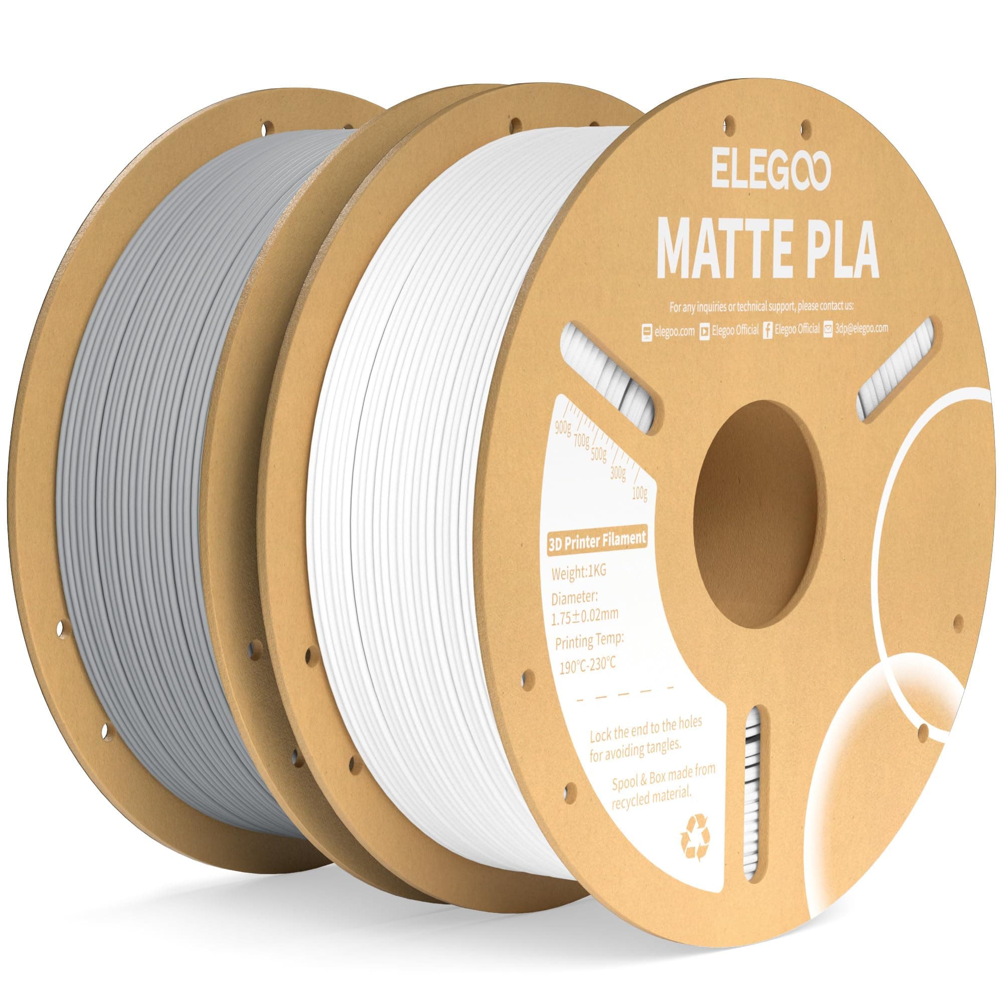 ELEGOO Filamento PLA MATE 1.75 2KG Blanco y Gris, Filamento para Impresora 3D, Precisión Dimensional +/- 0.02mm, Carrete Filamento 3D,para Mayoría Impresoras 3D