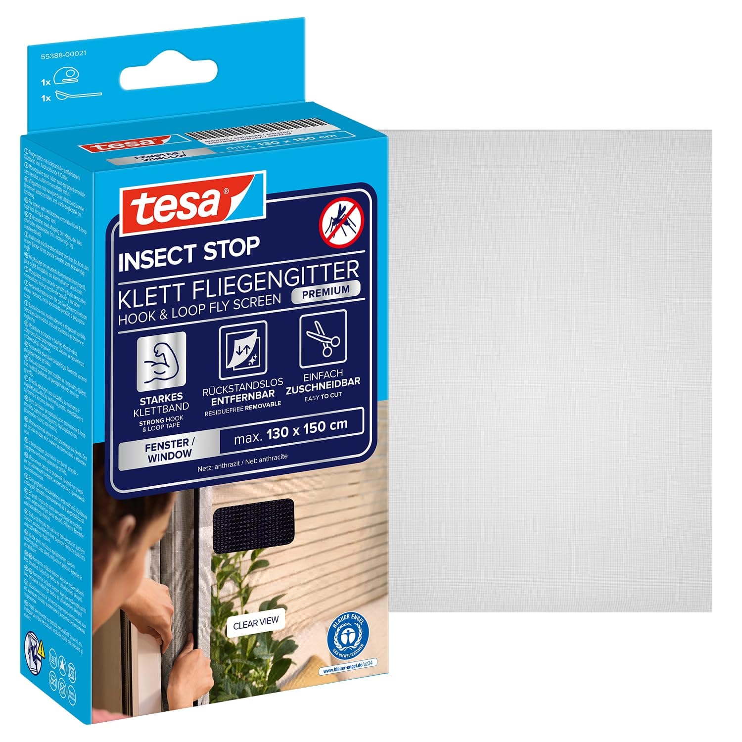 tesa Insect Stop Klett Fliegengitter Premium für Fenster, Insektenschutz mit starkem Klettband, rückstandsfrei entfernbar, zuschneidbar, ohne Bohren - 130 cm x 150 cm - Anthrazit (Durchsichtig)