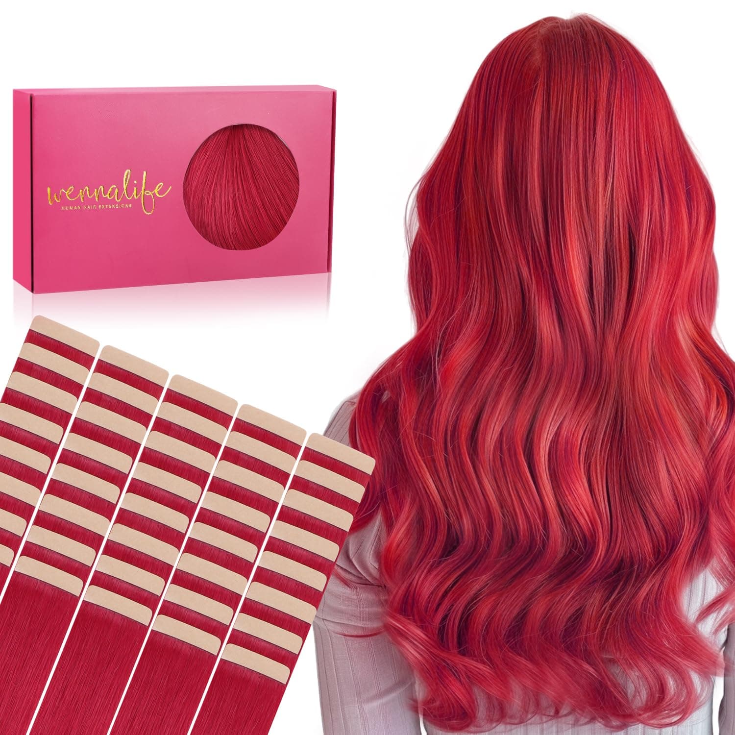 WENNALIFE Extension Capelli Veri Biadesivo, 40pz 55cm 100g Rosso Extension Biadesive Capelli Veri Lisci Remy Tape in Hair Extensions Capelli Setosi