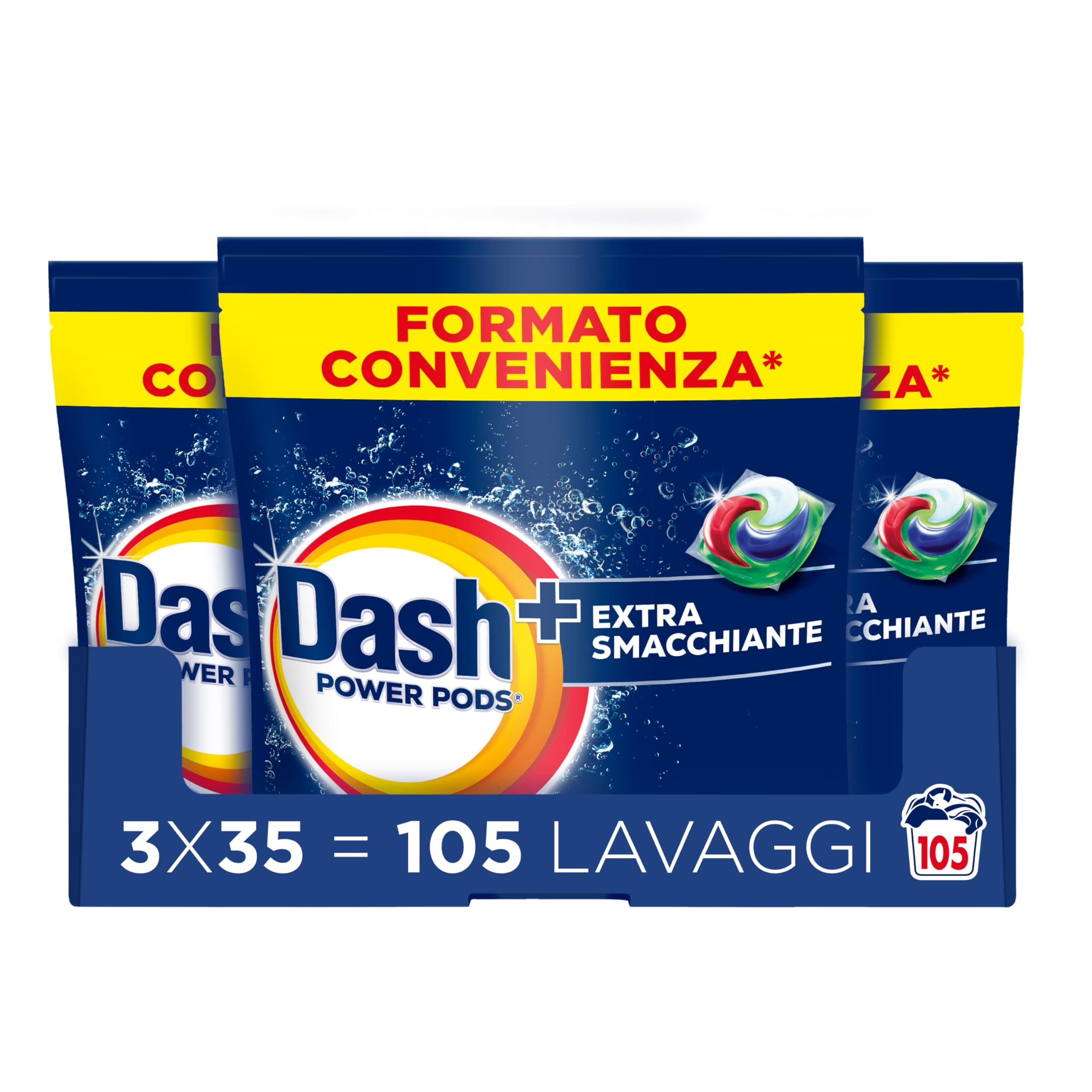 Dash Power Pods Detersivo Lavatrice In Capsule Extra Smacchiante, 105 Lavaggi (3x35), Rimuove anche le macchie secche da 7 giorni, per una pulizia impeccabile